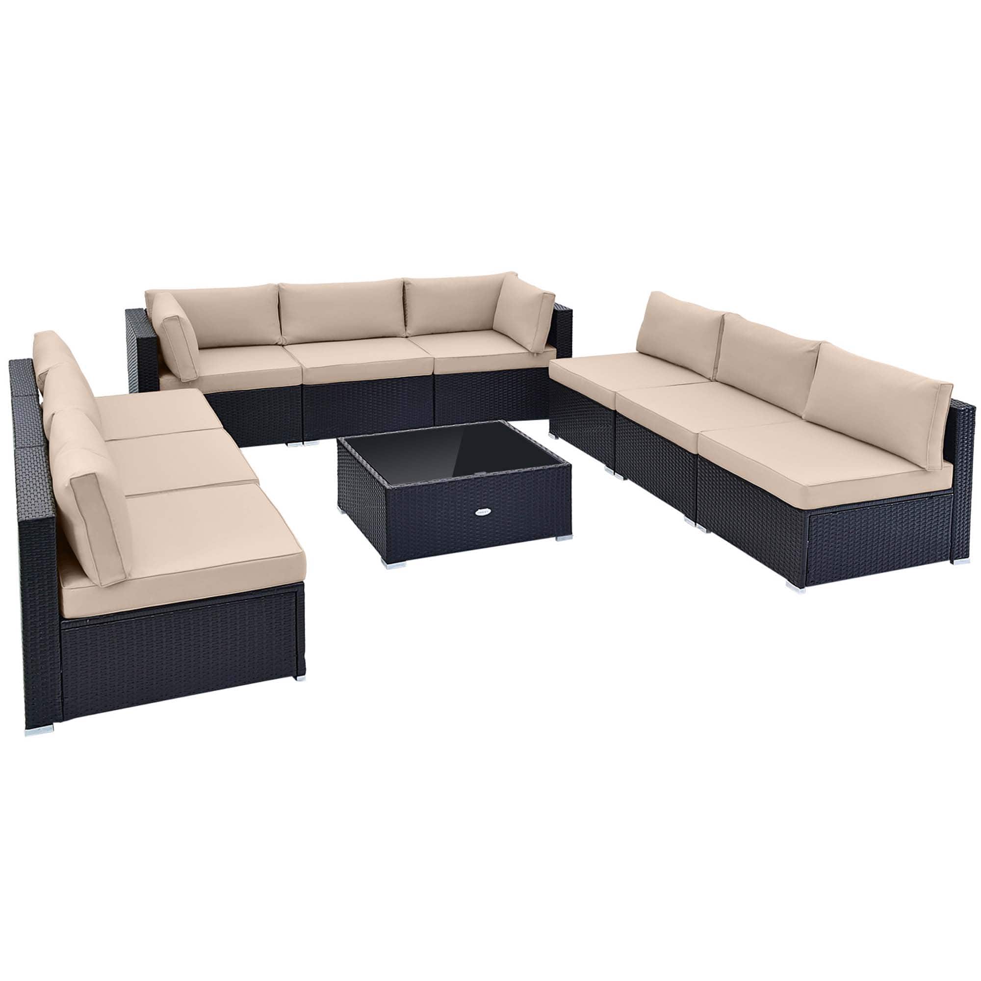 Costway - 10 PCS Patio Rattan Furniture Set Outdoor Wicker Sofa Table Cushioned Seat - Brown,Beige