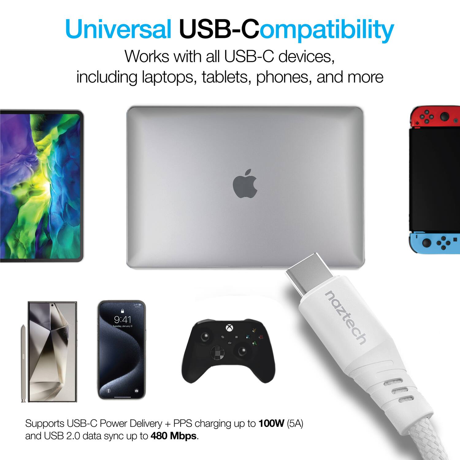 Universal USB-C Compatibility  
Works with all USB-C devices, including laptops, tablets, phones, and more  

Supports USB-C Power Delivery + PPS charging up to 100W (5A) and USB 2.0 data sync up to 480 Mbps.