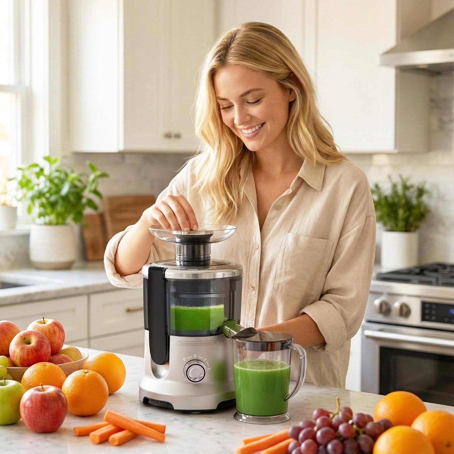 Left. Sweet - 3-Speed Centrifugal Juice Extractor with 2″ Wide Feed Chute, High Juice Yield, Easy Clean - Silver.
