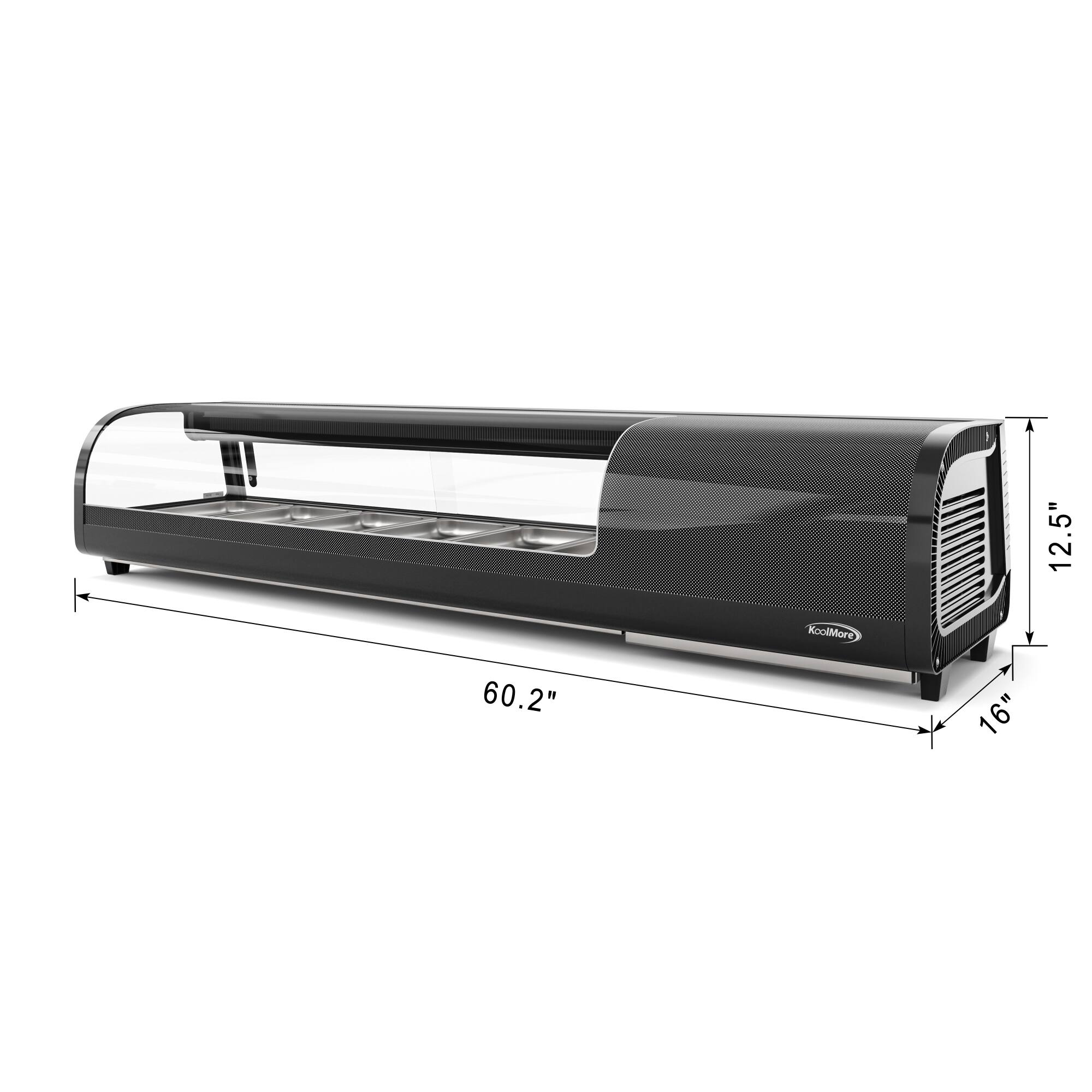 The text on the image reads "12.5" KoolMore 60.2" 16". This can be grouped and corrected as follows:

"12.5" KoolMore 60.2" 16"

This text describes the dimensions of a black appliance, which is a cooler or freezer. The dimensions are 12.5 inches in width, 60.2 inches in height, and 16 inches in depth.