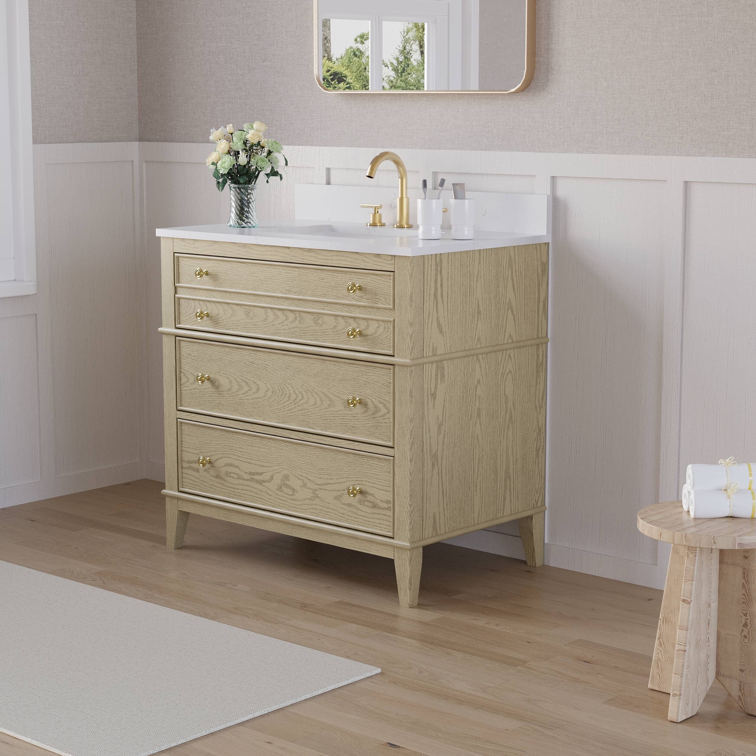 Angle. WELLFOR - MEGAN 36 in. Freestanding Solid Wood Bath Vanity with Quartz Top, Single Sink, Soft Close, Assembled - OAK.