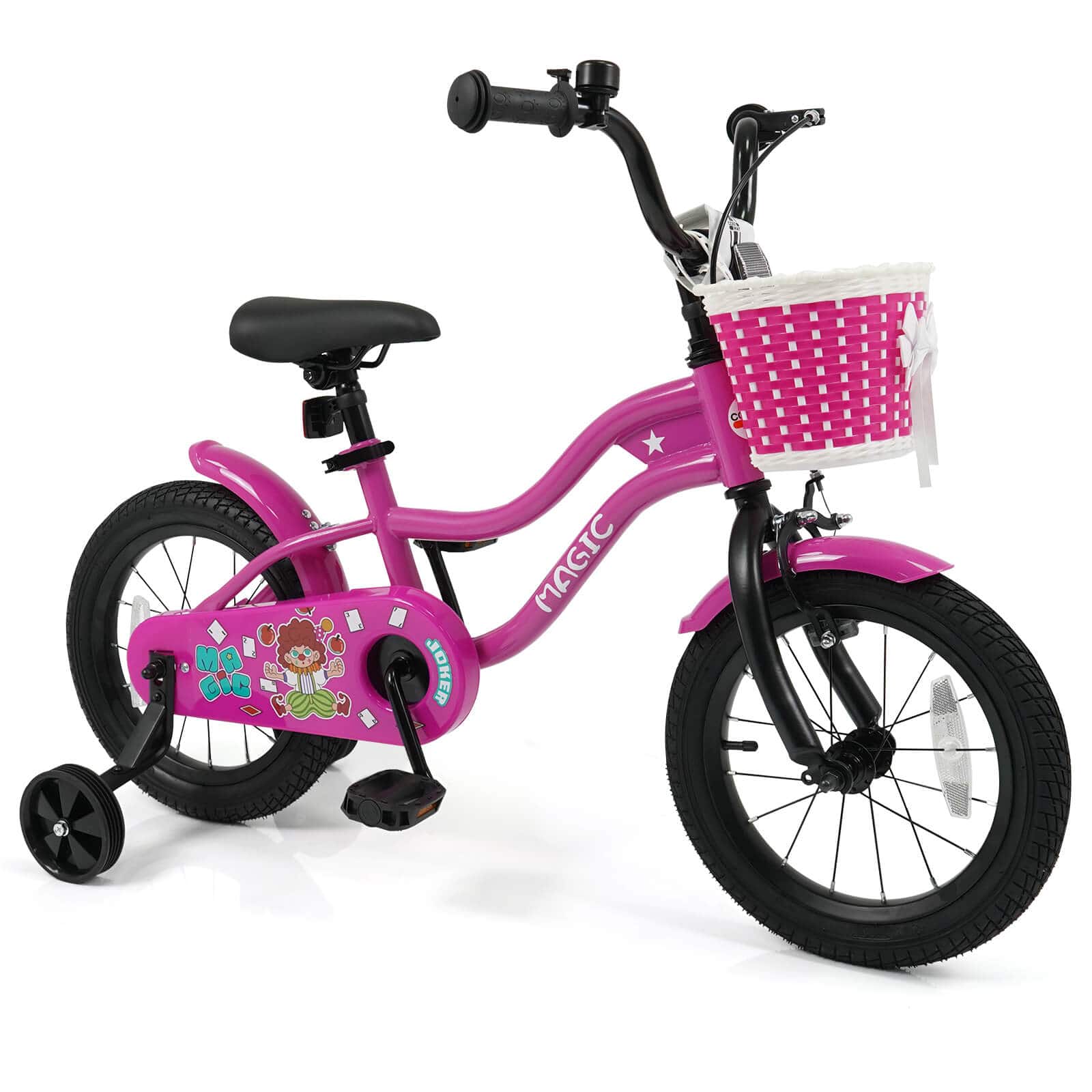 Costway - 14" Kids Bike with Training Wheels, Basket, Hand & Coaster Brakes, Adjustable Seat - Rosy