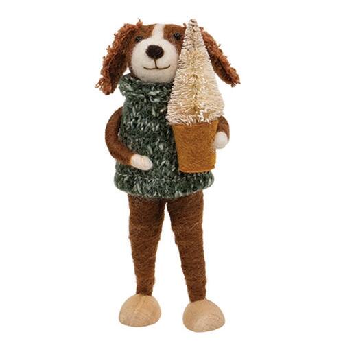 Front. BreeBe - Dog with Tree Felted Ornament - Brown, Green, Cream.
