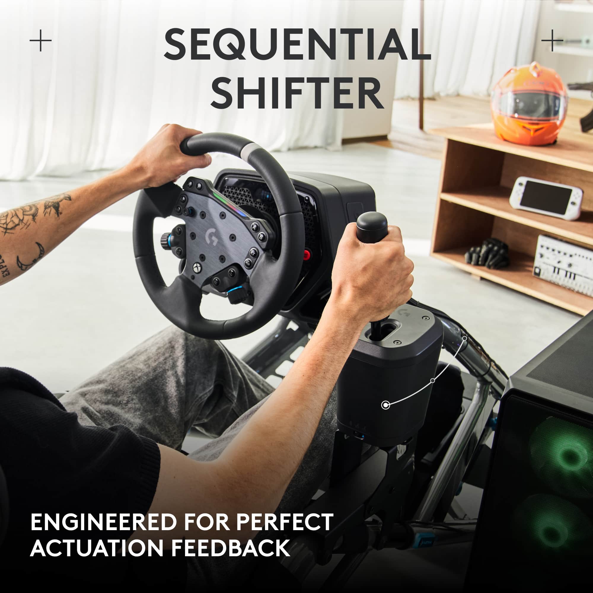 The text on the image reads: "Sequential Shifter Engineered for Perfect Actuation Feedback."
