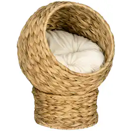 Pawhut - 20" Natural Braided Banana Leaf Elevated Cat Bed Basket with Cushion -