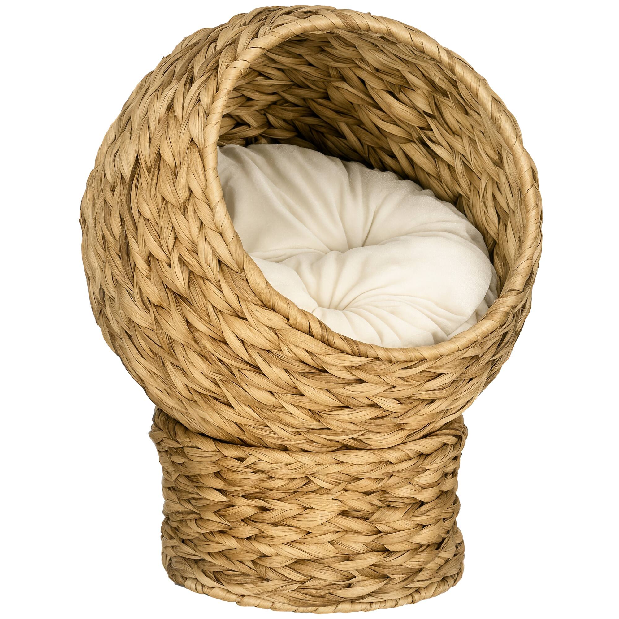 Pawhut - 20" Natural Braided Banana Leaf Elevated Cat Bed Basket with Cushion -