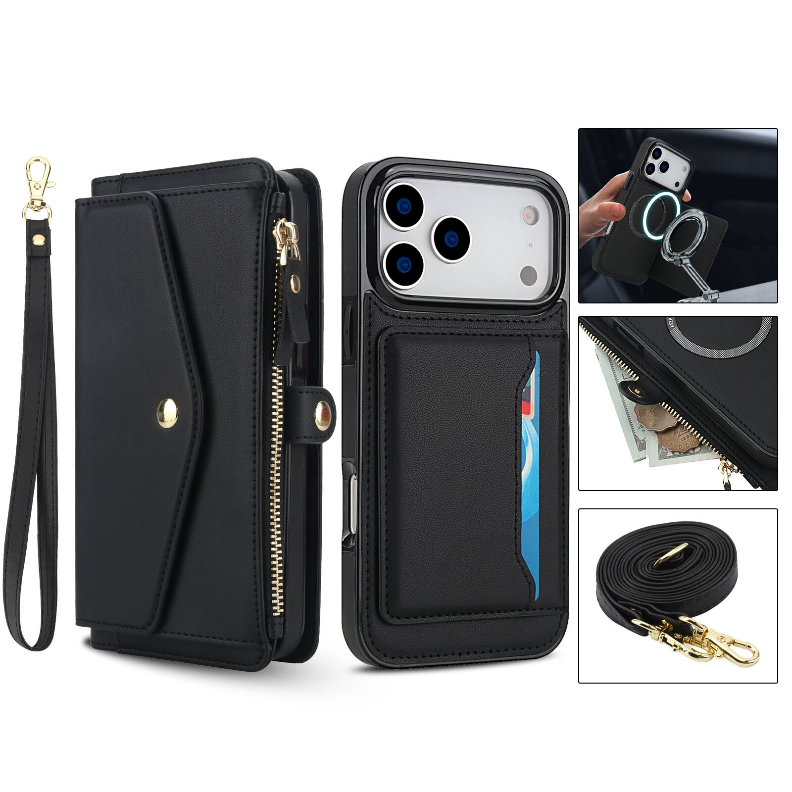 Alt View 4. Dteck - Crossbody RFID Blocking Zipper Wallet Card For iPhone 17 Pro Handbag Magnetic Kickstand Wrist Strap Case - Black.