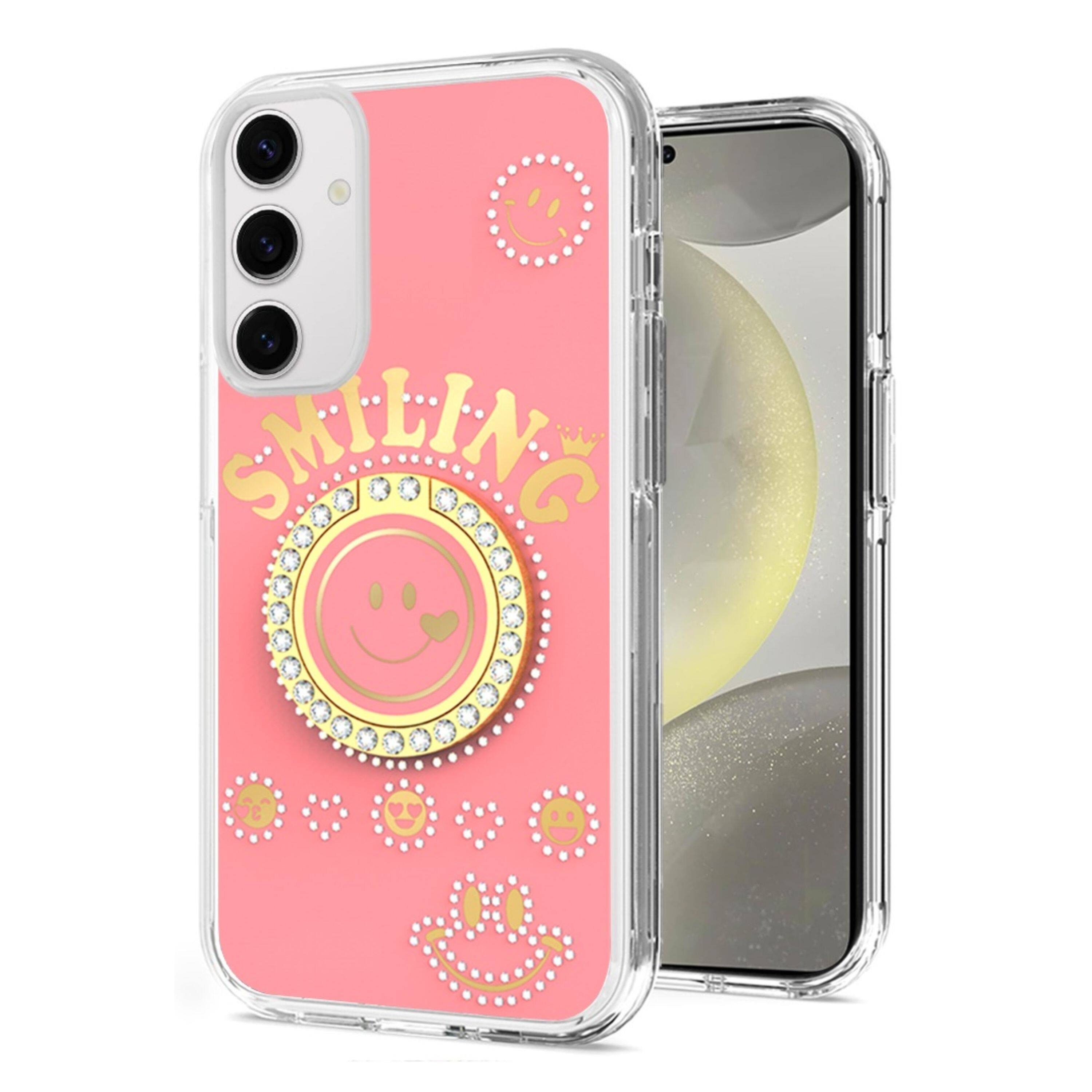 Kitcheniva - Diamond Studs Smiling Face Design Ring Stand Phone Case With Tempered Glass For Samsung Galaxy S25/S24 - Pink price history on PriceWatchPro