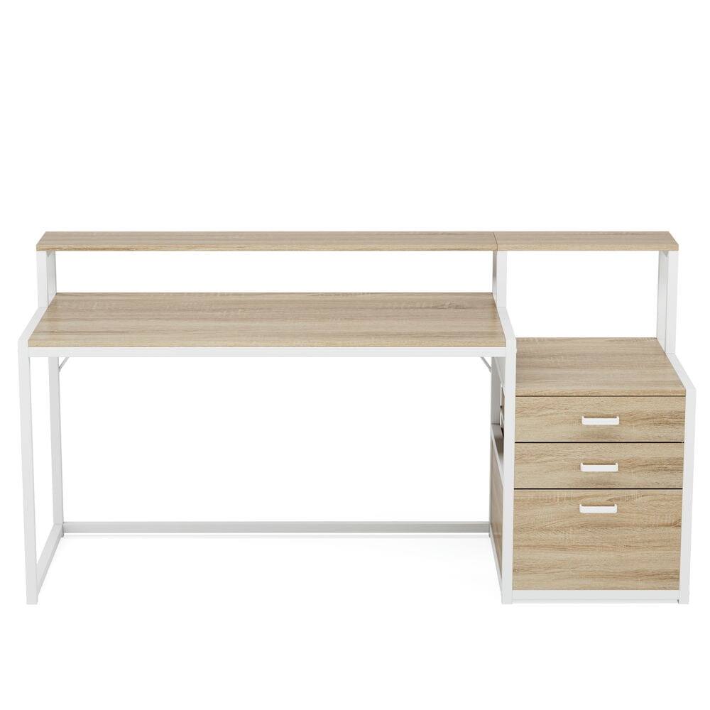 Back. Resenkos - Kadyn Study Writing Desk,63" Computer Desk, Ergonomic Office Desk with Drawers & Monitor Stand,Natural & White - Beige.