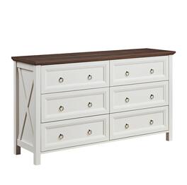Boyel Living - Farmhouse 6 Drawers Dresser for Bedroom, Wood Rustic Wide Chest of Drawers, Storage Dressers Organizer for Bedroom - White