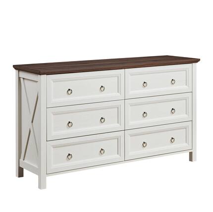 Front. Boyel Living - Farmhouse 6 Drawers Dresser for Bedroom, Wood Rustic Wide Chest of Drawers, Storage Dressers Organizer for Bedroom - White.