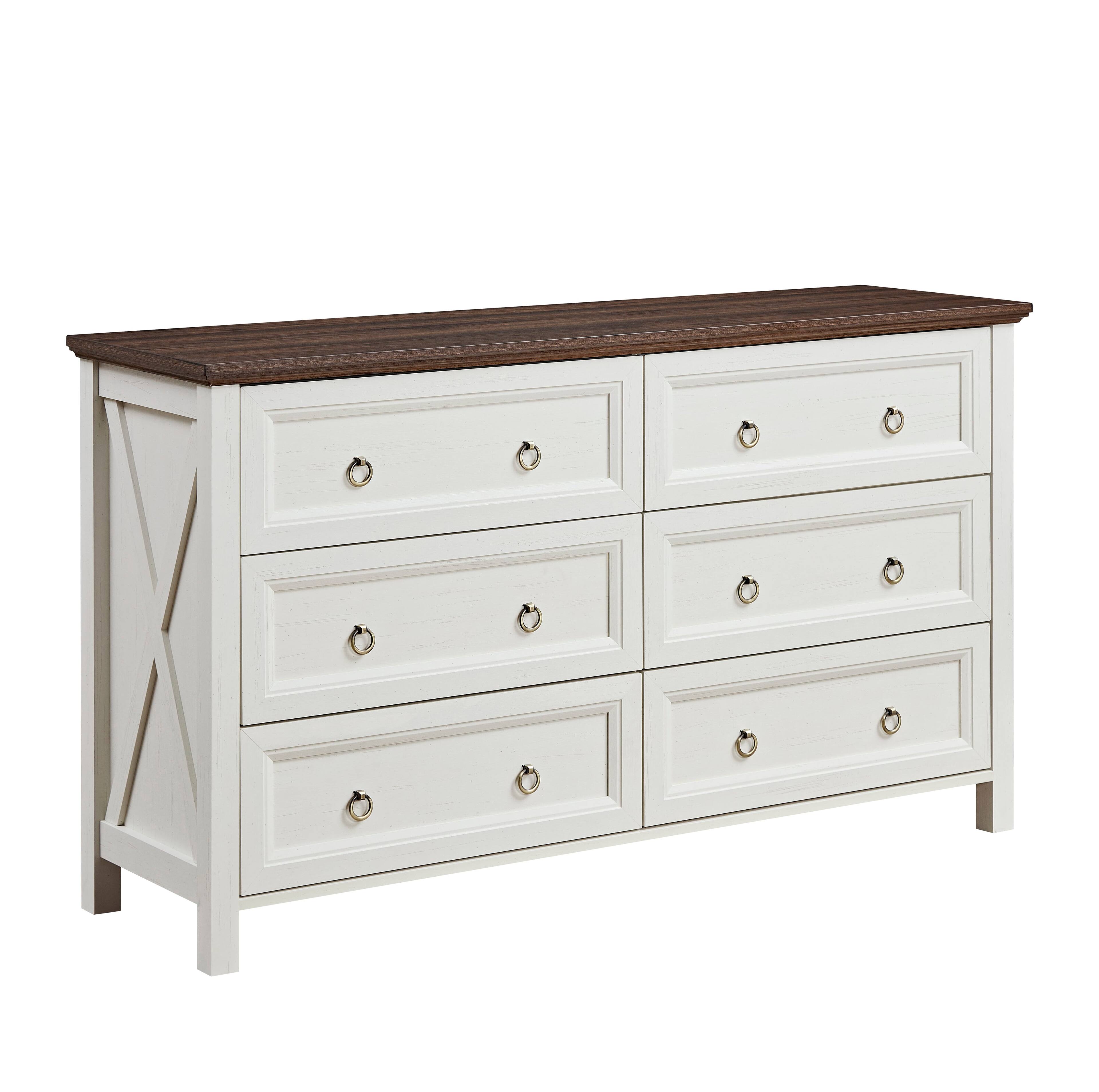 Front. Boyel Living - Farmhouse 6 Drawers Dresser for Bedroom, Wood Rustic Wide Chest of Drawers, Storage Dressers Organizer for Bedroom - White.