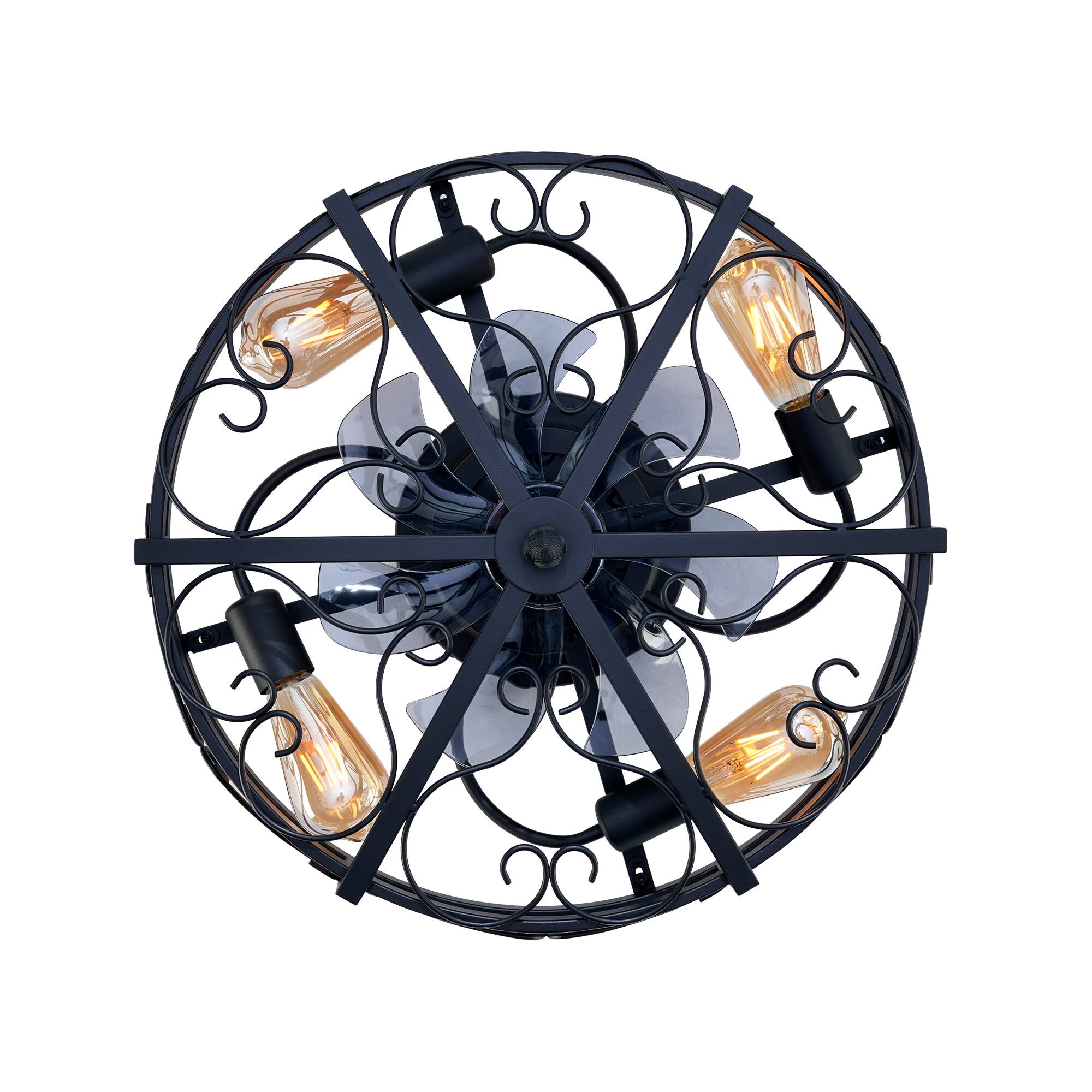 Alt View 2. Sofucor - 20'' Rustic Caged Flush Mount Ceiling Fan w/Lights & Remote Vintage Bladeless Ceiling Fan Reversible Farmhouse Bedroom - Black.