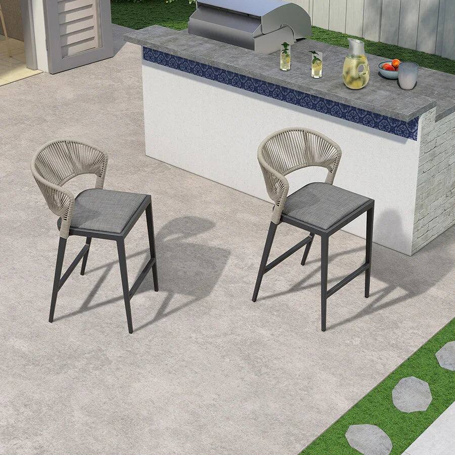 Alt View 1. PURPLE LEAF - Outdoor Bar Stool Set of 2 Rattan Bar Stools with Back Metal Bar Height Stool Outdoor Bar Chair for Garden Kitchen - Dark Grey-Bar Height.
