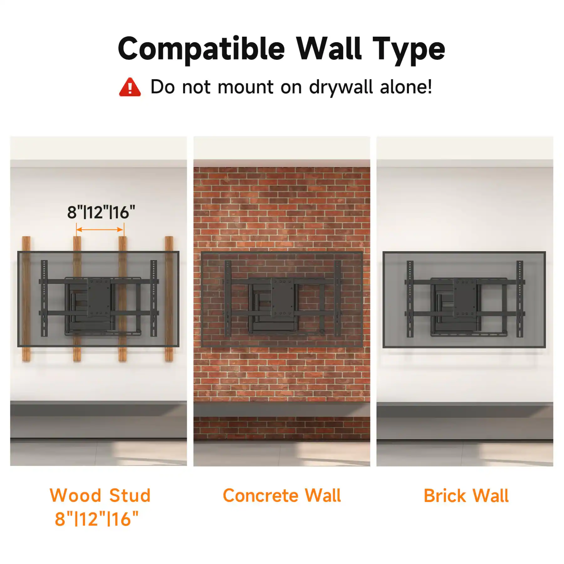 Compatible Wall Type  
Do not mount on drywall alone!  

8" | 12" | 16"  
3000  

Wood Stud 8" | 12" | 16"  
Concrete Wall  
Brick Wall