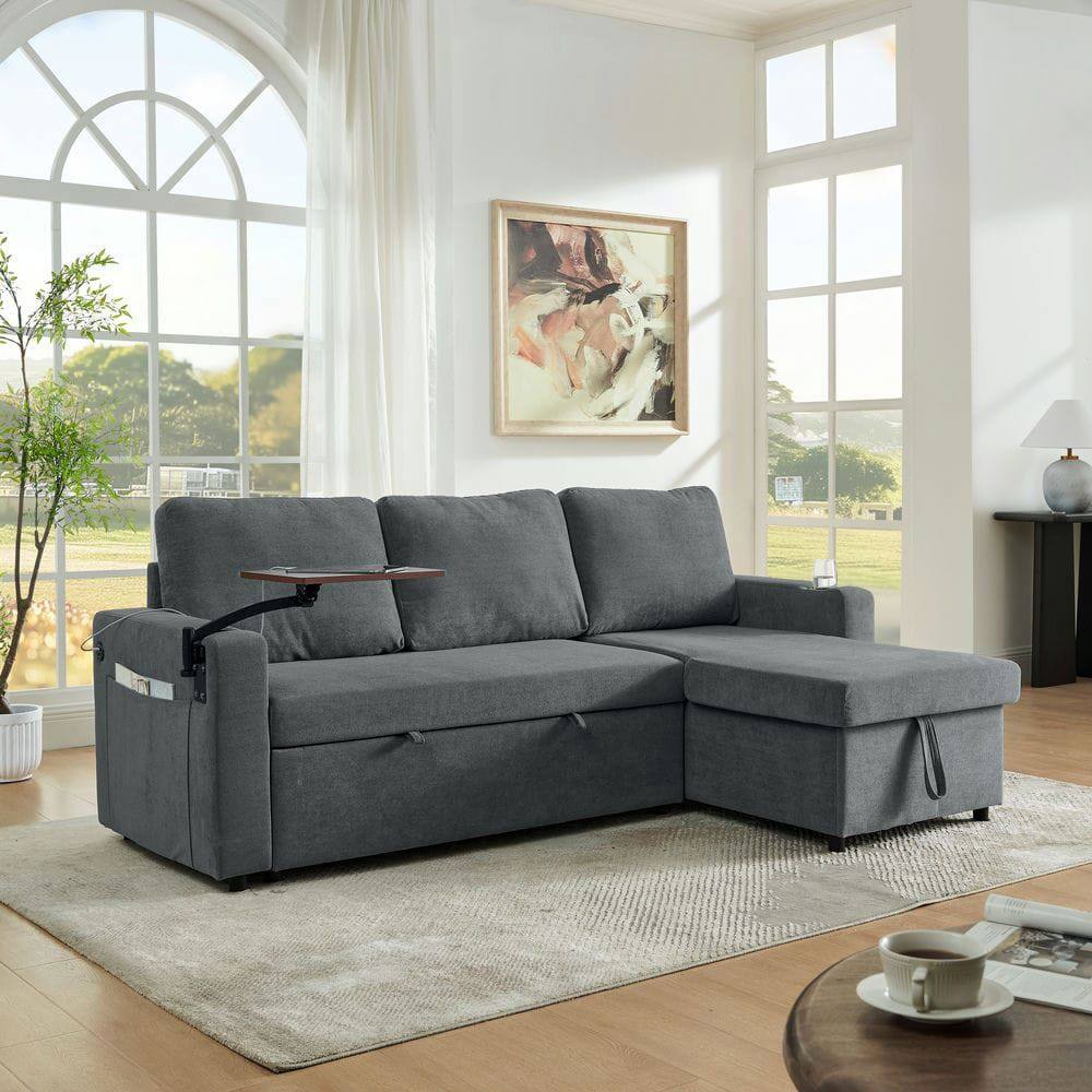 Alt View 7. Kadyn - Multi-Functional Chenille Sleeper Sofa, Retractable Table, LED Lights, USB Ports and Cup Holders, Gray - Gray.