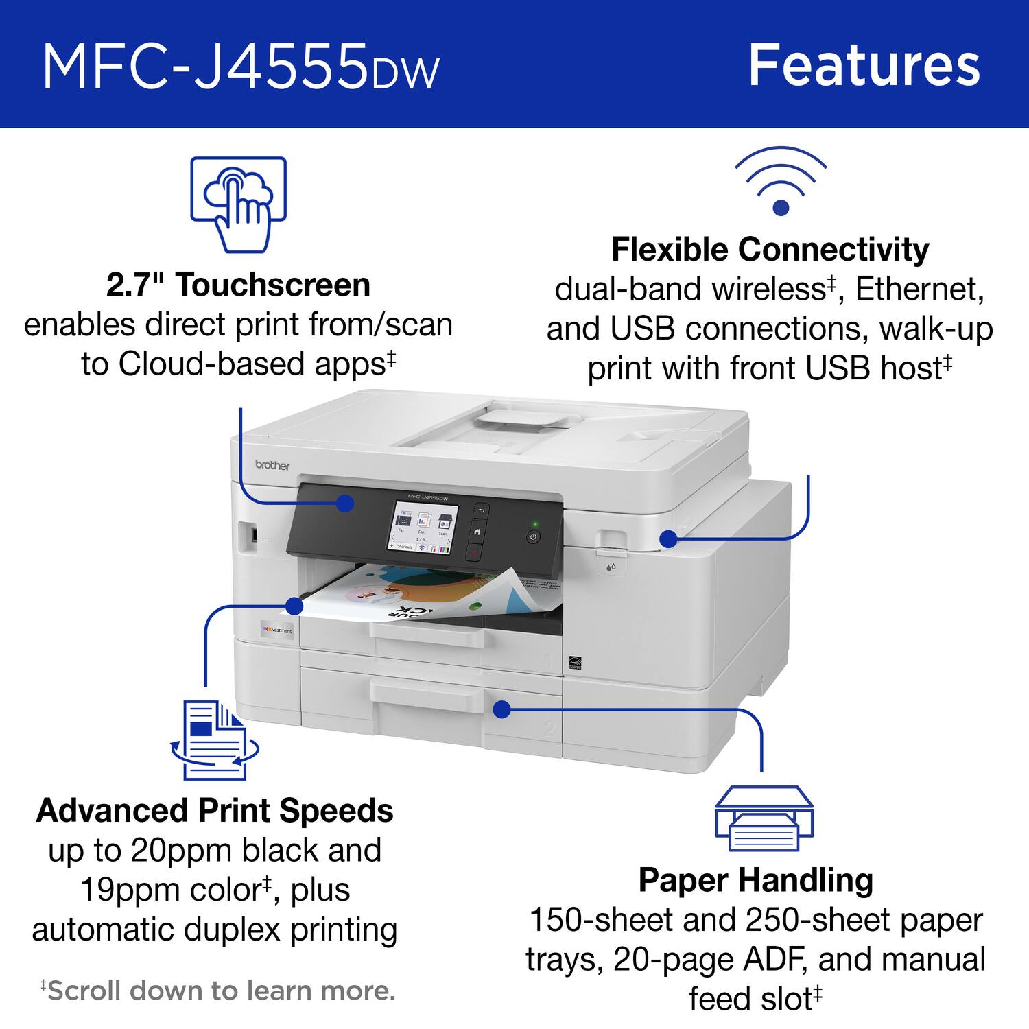 MFC-J4555DW Features

2.7" Touchscreen enables direct print from/scan to Cloud-based apps
Flexible Connectivity dual-band wireless, Ethernet, and USB connections, walk-up print with front USB host
Advanced Print Speeds up to 20ppm black and 19ppm color, plus automatic duplex printing
Paper Handling 150-sheet and 250-sheet paper trays, 20-page ADF, and manual feed slot