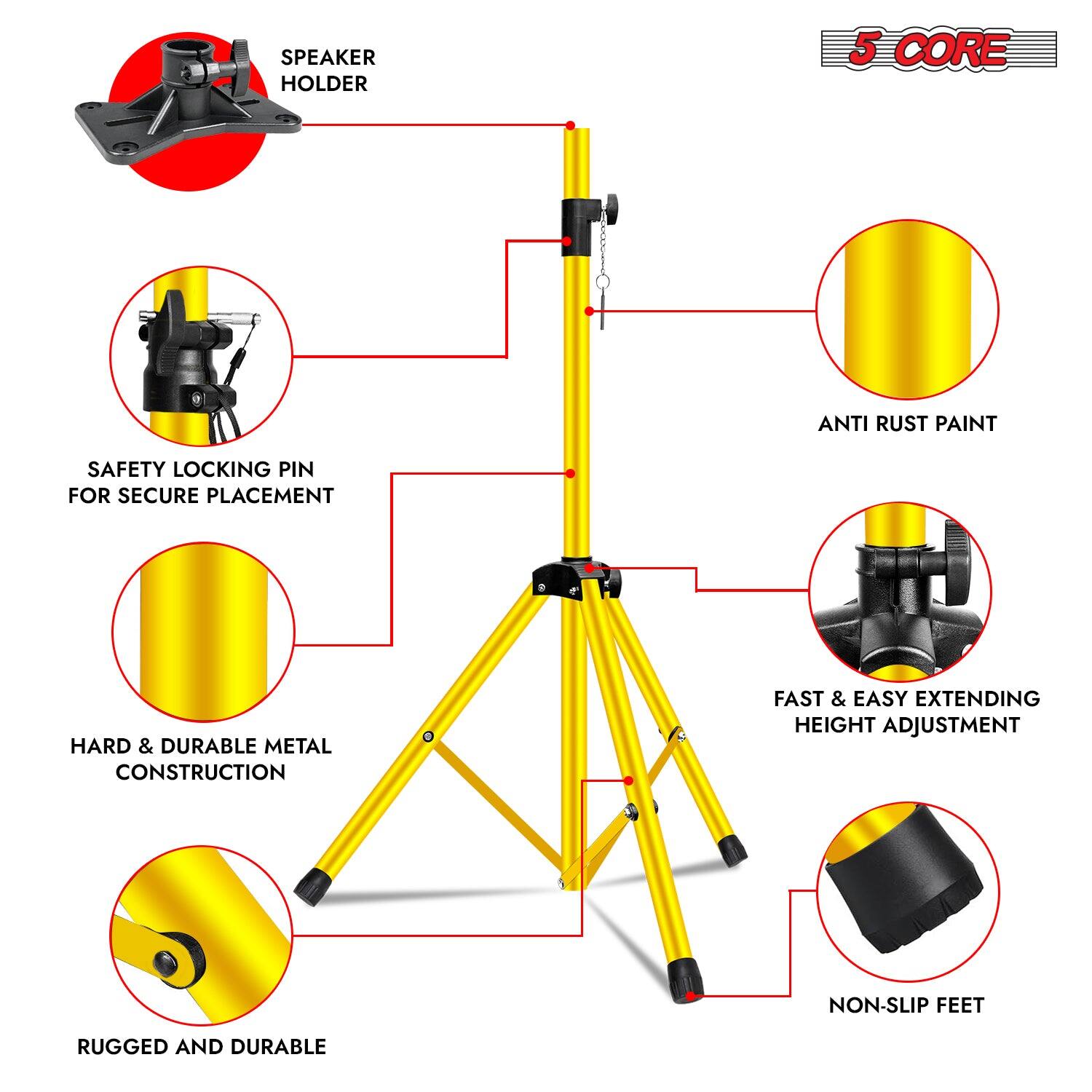 Here is the corrected and grouped text:

- Speaker Holder
- 5 Core Anti-Rust Paint
- Safety Locking Pin for Secure Placement
- Hard & Durable Metal Construction
- Fast & Easy Extending Height Adjustment
- Non-Slip Feet
- Rugged and Durable