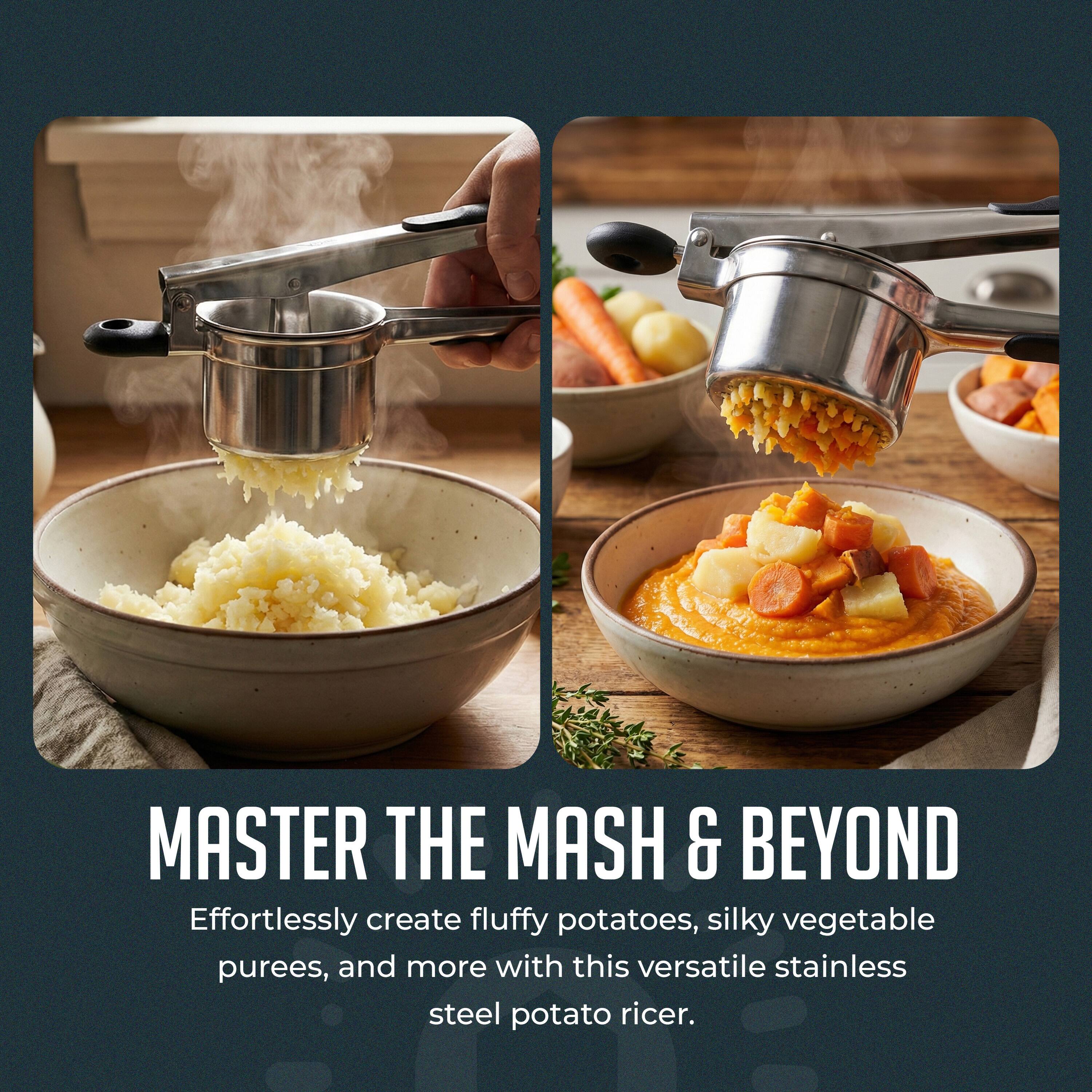 MASTER THE MASH & BEYOND

Effortlessly create fluffy potatoes, silky vegetable purees, and more with this versatile stainless steel potato ricer.