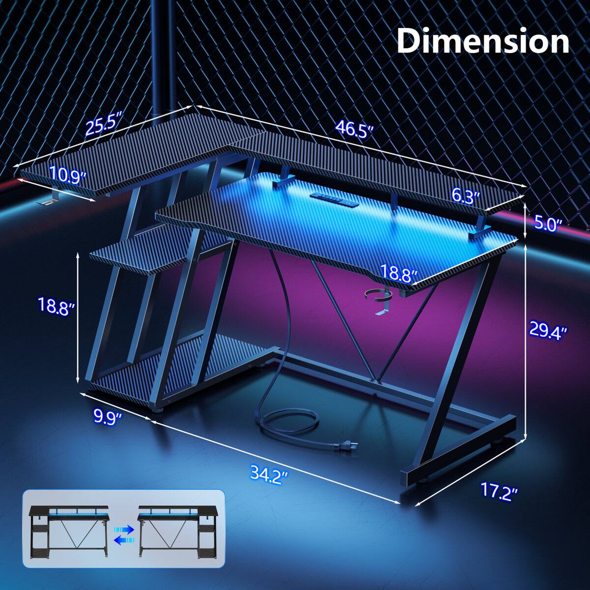 Dimension  
25.5"  
10.9"  
46.5"  
6.3"  
5.0"  
18.8"  
18.8"  
29.4"  
9.9"  
34.2"  
17.2"