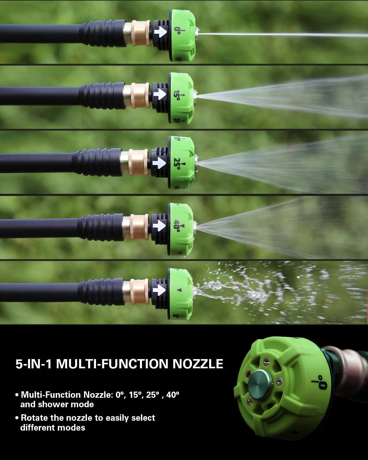 5-IN-1 MULTI-FUNCTION NOZZLE

Multi-Function Nozzle: 0°, 15°, 25°, 40° and shower mode

Rotate the nozzle to easily select different modes