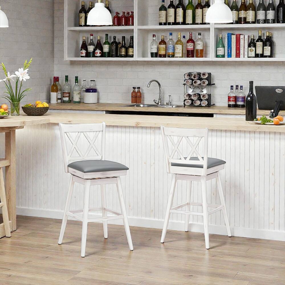 Hivvago - Set of 2 29-Inch Swivel Bar Stools with Sturdy Rubberwood Frames - White