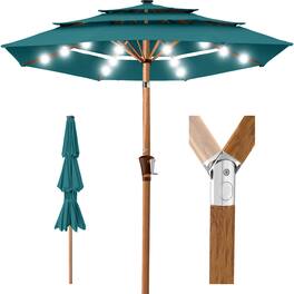 Best Choice Products - Woodgrain Pattern 10ft 3-Tier Solar Patio Umbrella w/ 24 LED Lights, Tilt - Cerulean