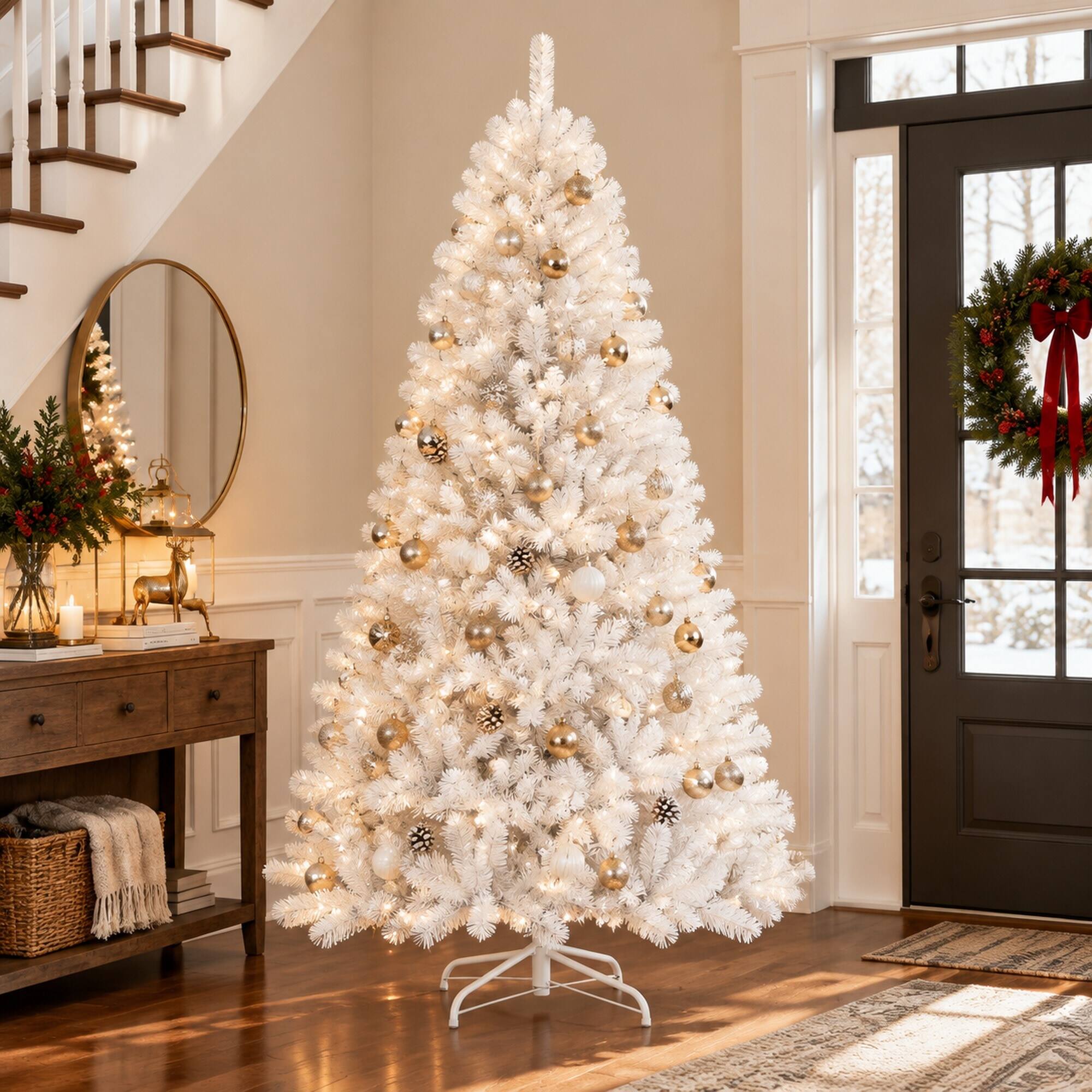 Alt View 1. RYHNUYNE - 9 Ft Unlit White Artificial Christmas Tree With 2132 Branch Tips, Auto Open Steel Base Hinged Holiday Decor - White.
