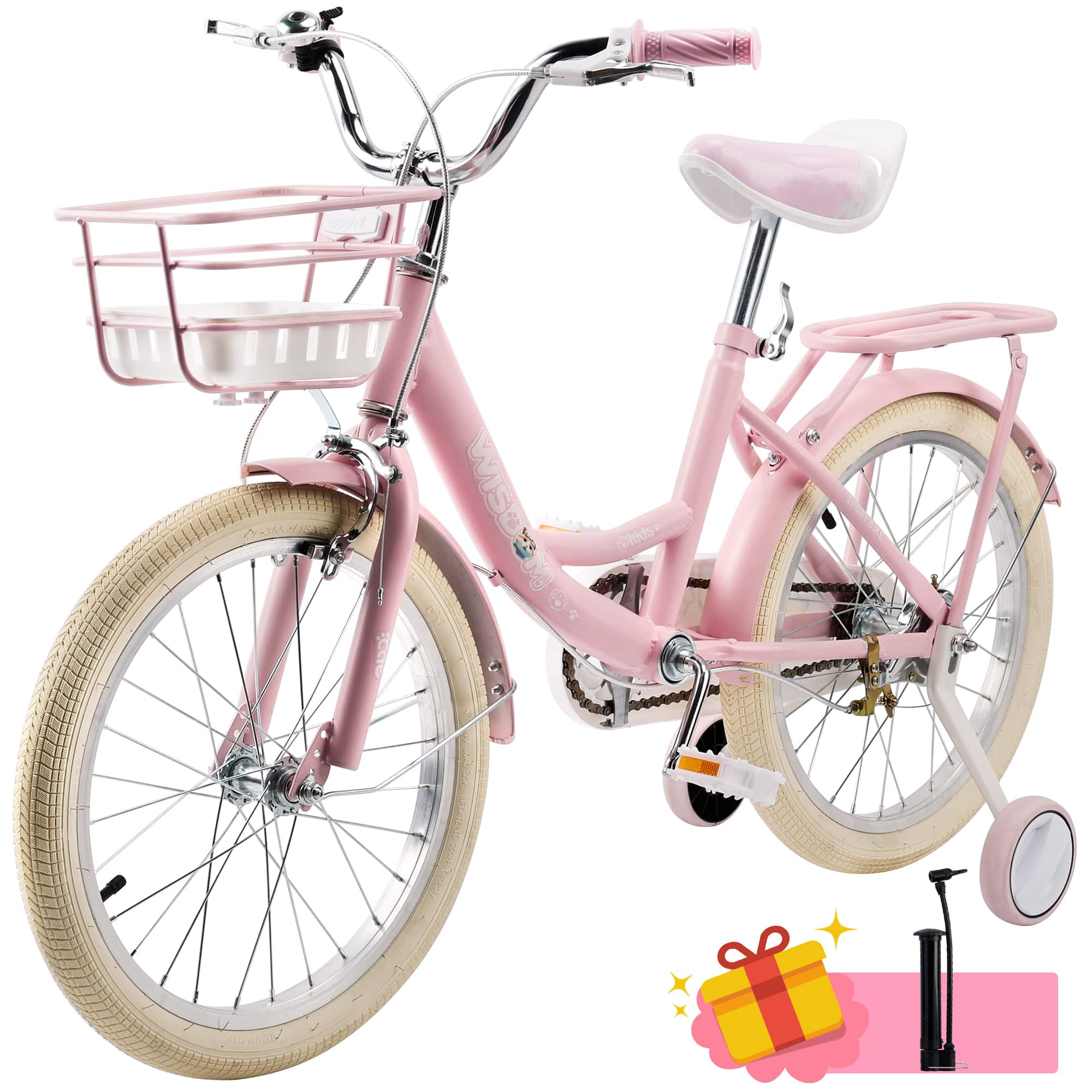 Topteng - 18" Girls Bike with Training Wheels, Basket & Rack - Adjustable Seat, Dual Brakes, High-Carbon Steel Frame - Pink