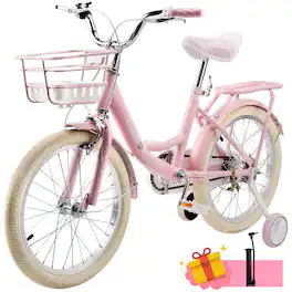 Topteng - 18" Girls Bike with Training Wheels, Basket & Rack - Adjustable Seat, Dual Brakes, High-Carbon Steel Frame - Pink