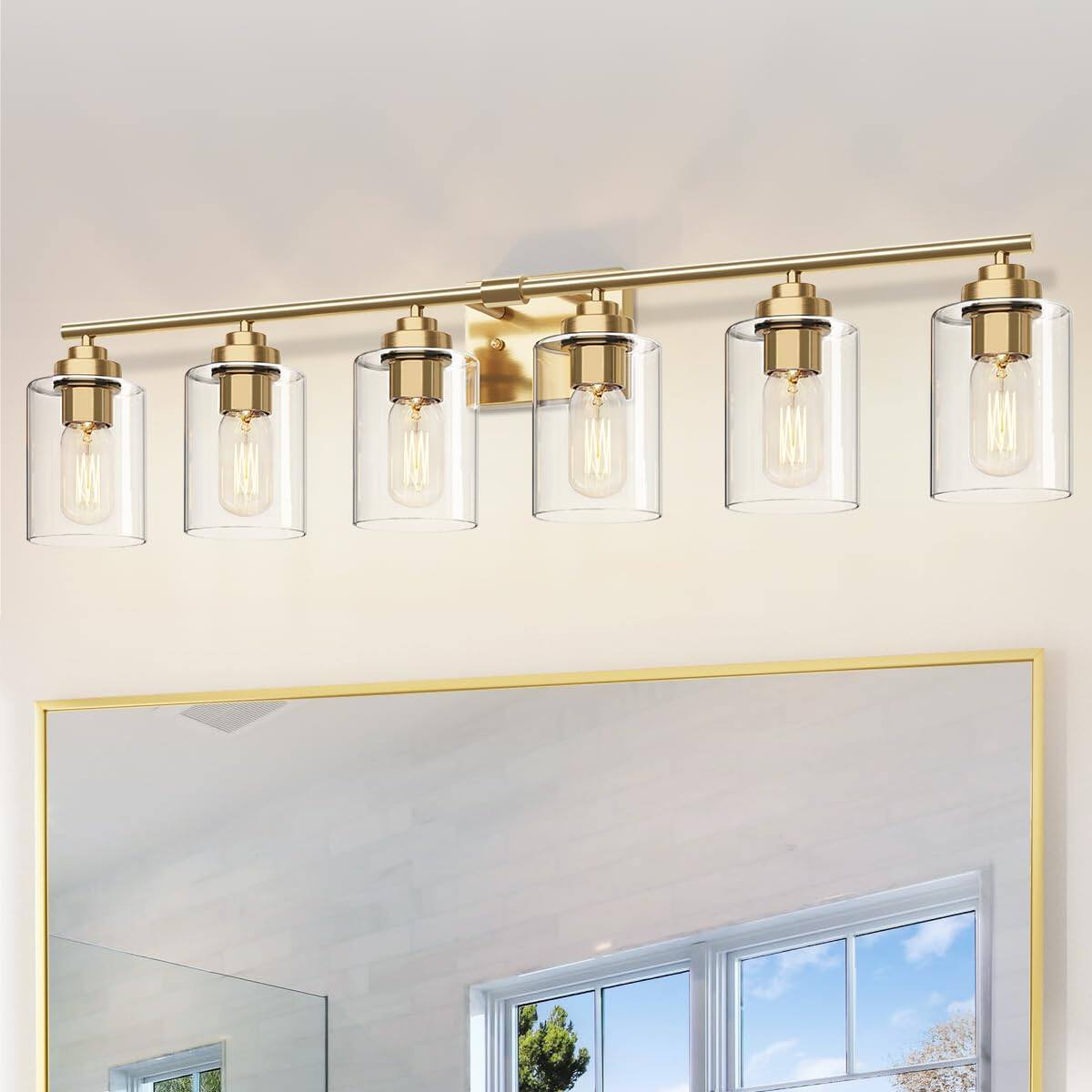 Front. Comfort Essence - Bathroom Vanity Light Over Mirror Fixture Wall Sconce Lighting For Bedroom Living Room - Gold 6-Light.