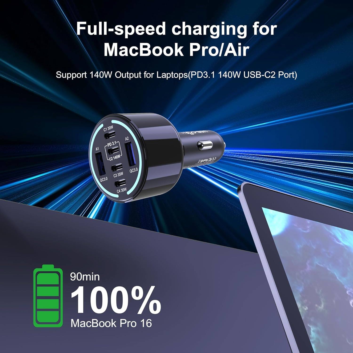 Full-speed charging for MacBook Pro/Air  
Support 140W Output for Laptops (PD3.1 140W USB-C2 Port)  
90min 100% MacBook Pro 16