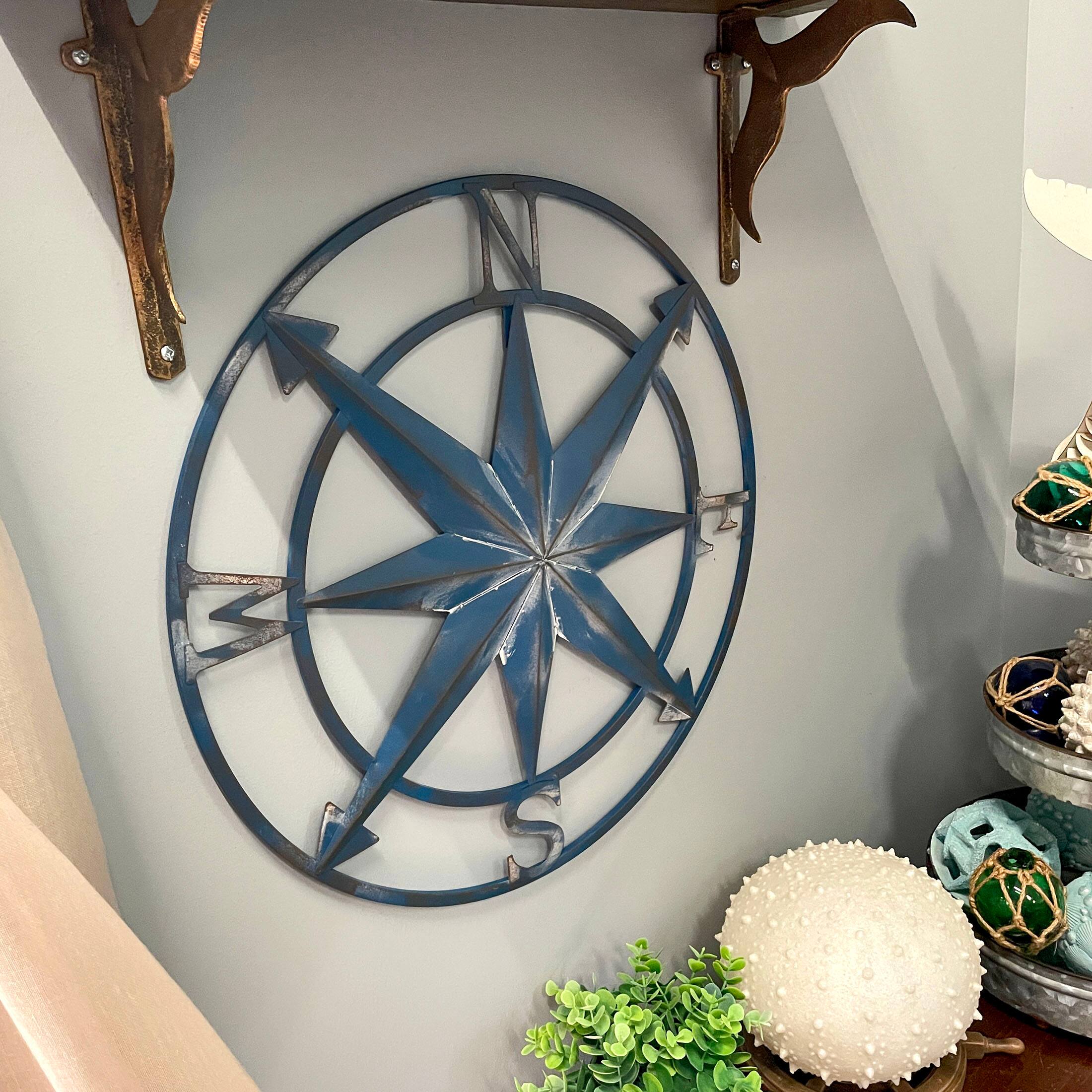 Alt View 4. Zeckos - 20 Inch Distressed Metal Compass Rose Nautical Wall Decor Indoor Outdoor, Blue - Blue.