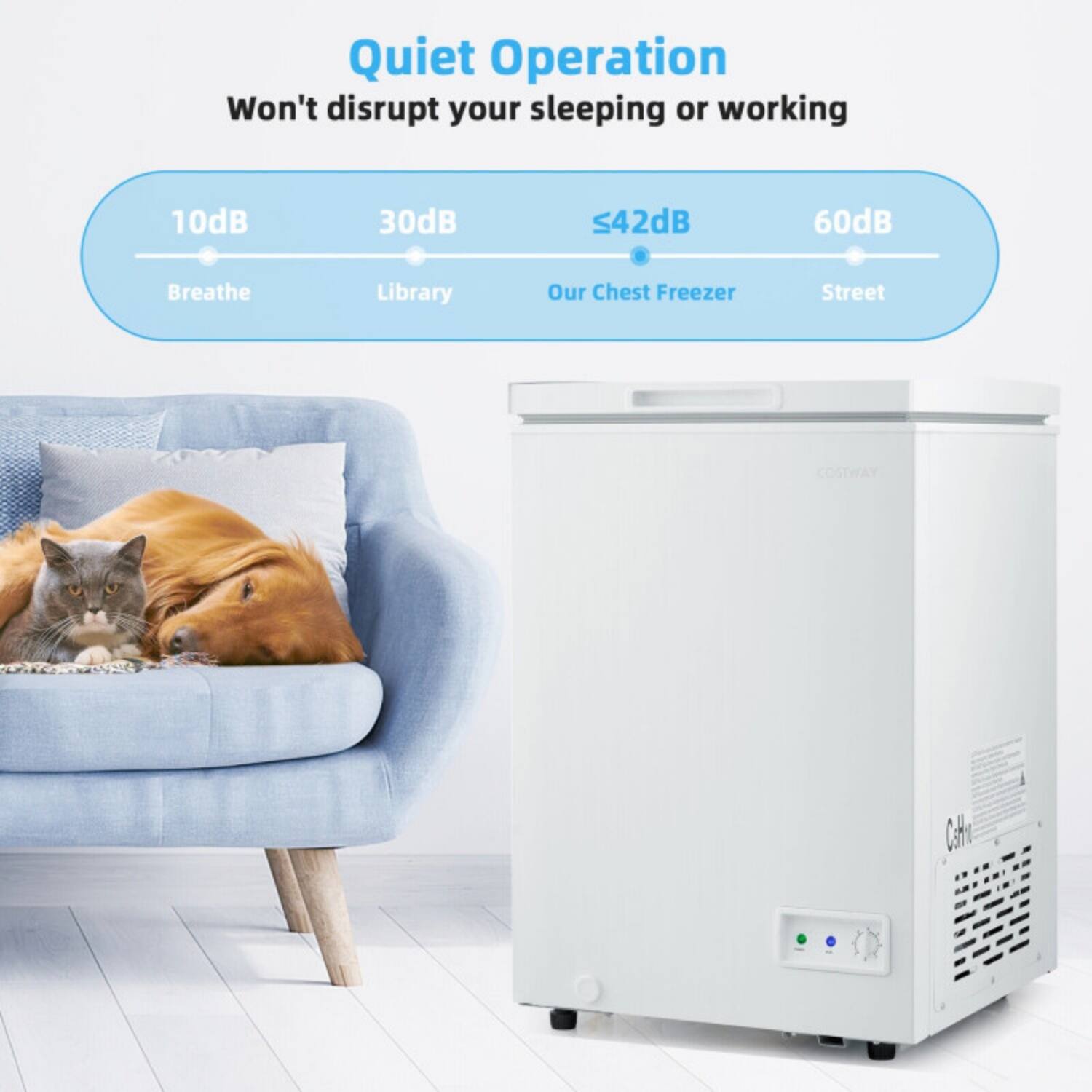 Quiet Operation  
Won't disrupt your sleeping or working  

10dB  
Breathe  

30dB  
Library  

≤42dB  
Our Chest Freezer  

60dB  
Street  

COSTWAY