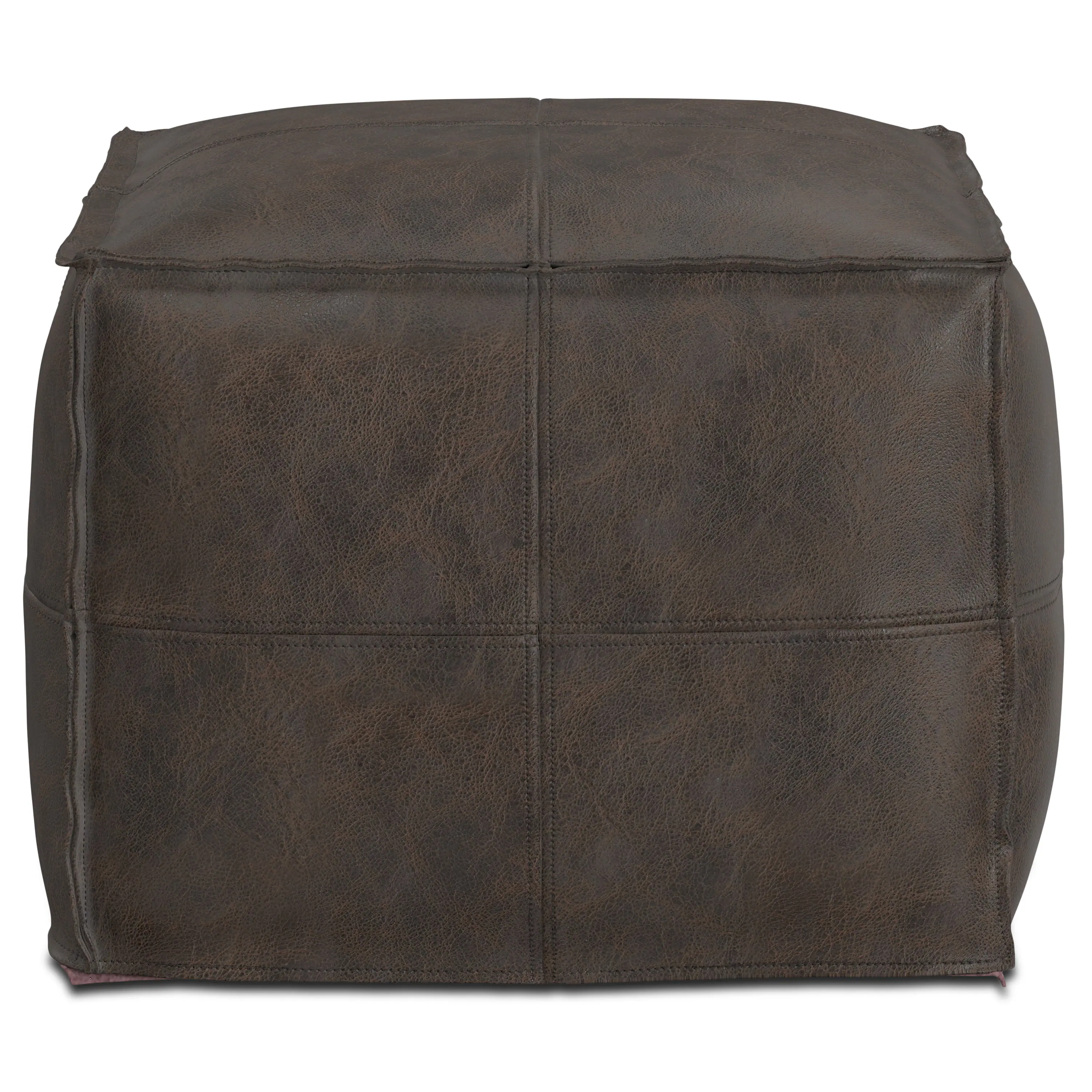 Left. Simpli Home - Simpli Home Sheffield 18 inch Wide Square Pouf in Distressed Dark Brown Genuine Leather - Distressed Dark Brown.