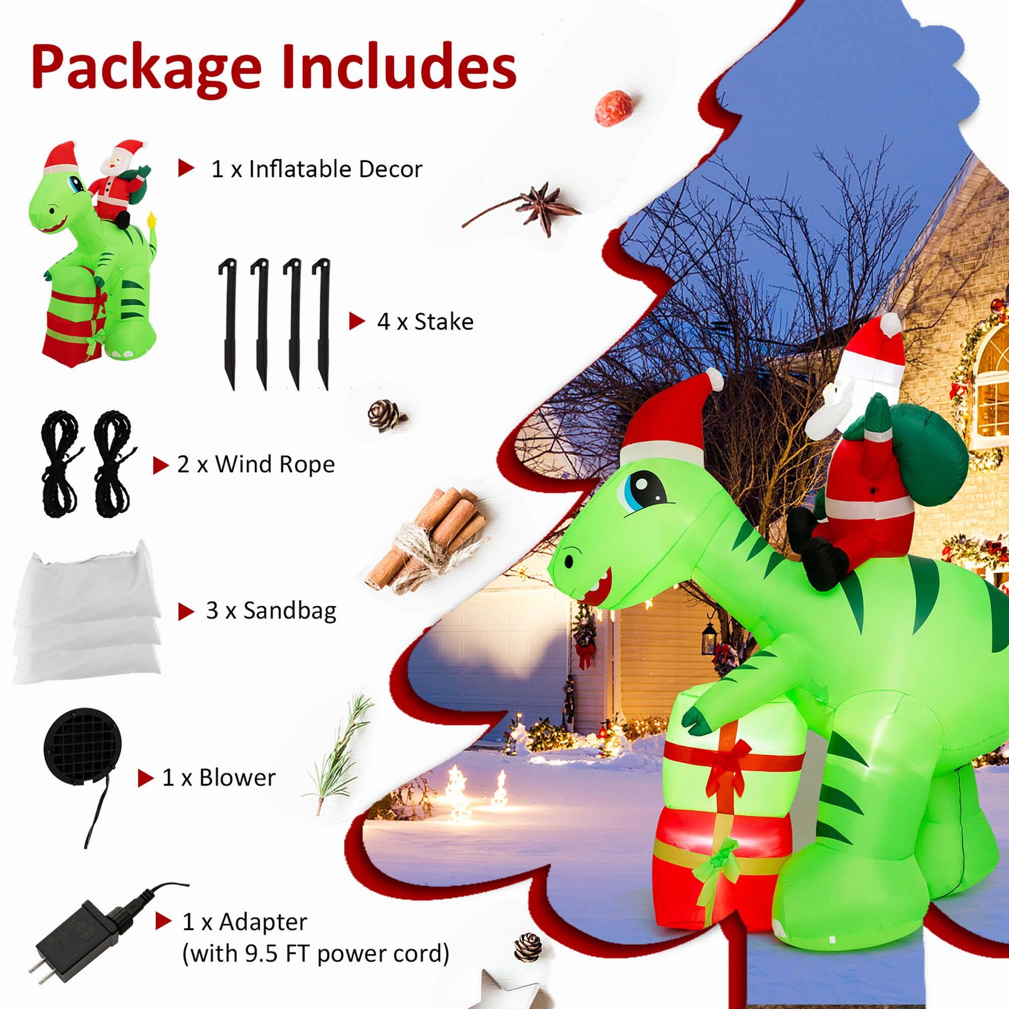 Package Includes: 1 Inflatable Decor, 4 Stakes, 2 Wind Rope, 3 Sandbags, 1 Blower, 1 Adapter (with 9.5 FT power cord).