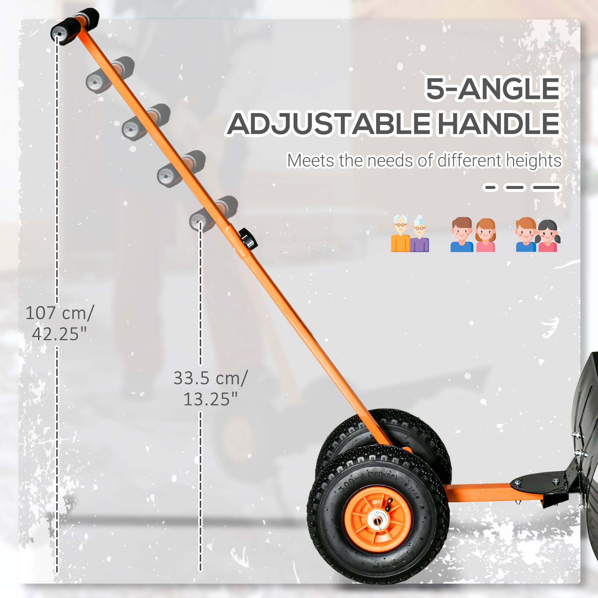 5-ANGLE ADJUSTABLE HANDLE  
Meets the needs of different heights  
107 cm/ 42.25"  
33.5 cm/ 13.25"