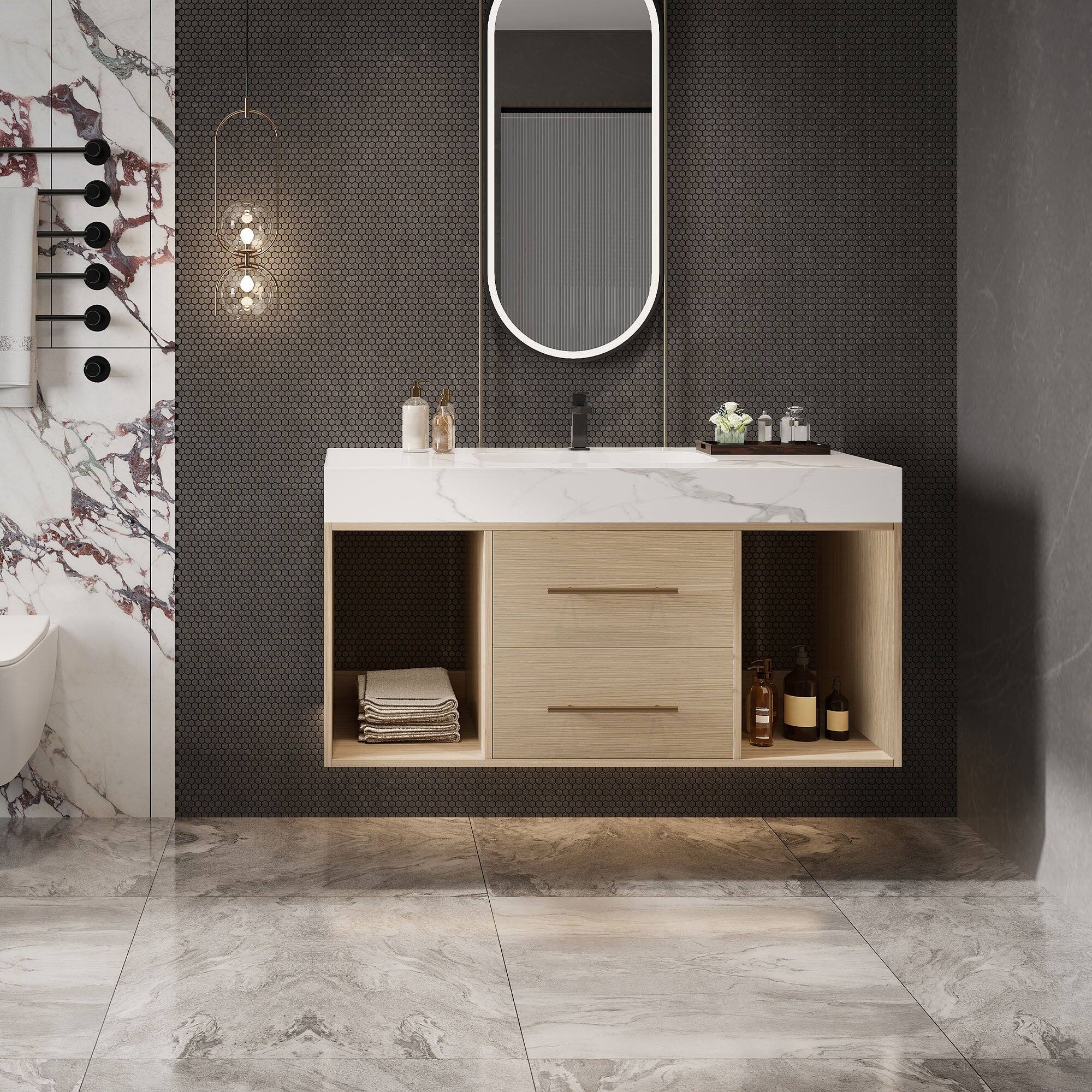 Alt View 3. Boyel Living - 39.4 In Floating Bathroom Vanity Oval Ceramic Sink Solid Wood Soft Close Drawers - Wood.