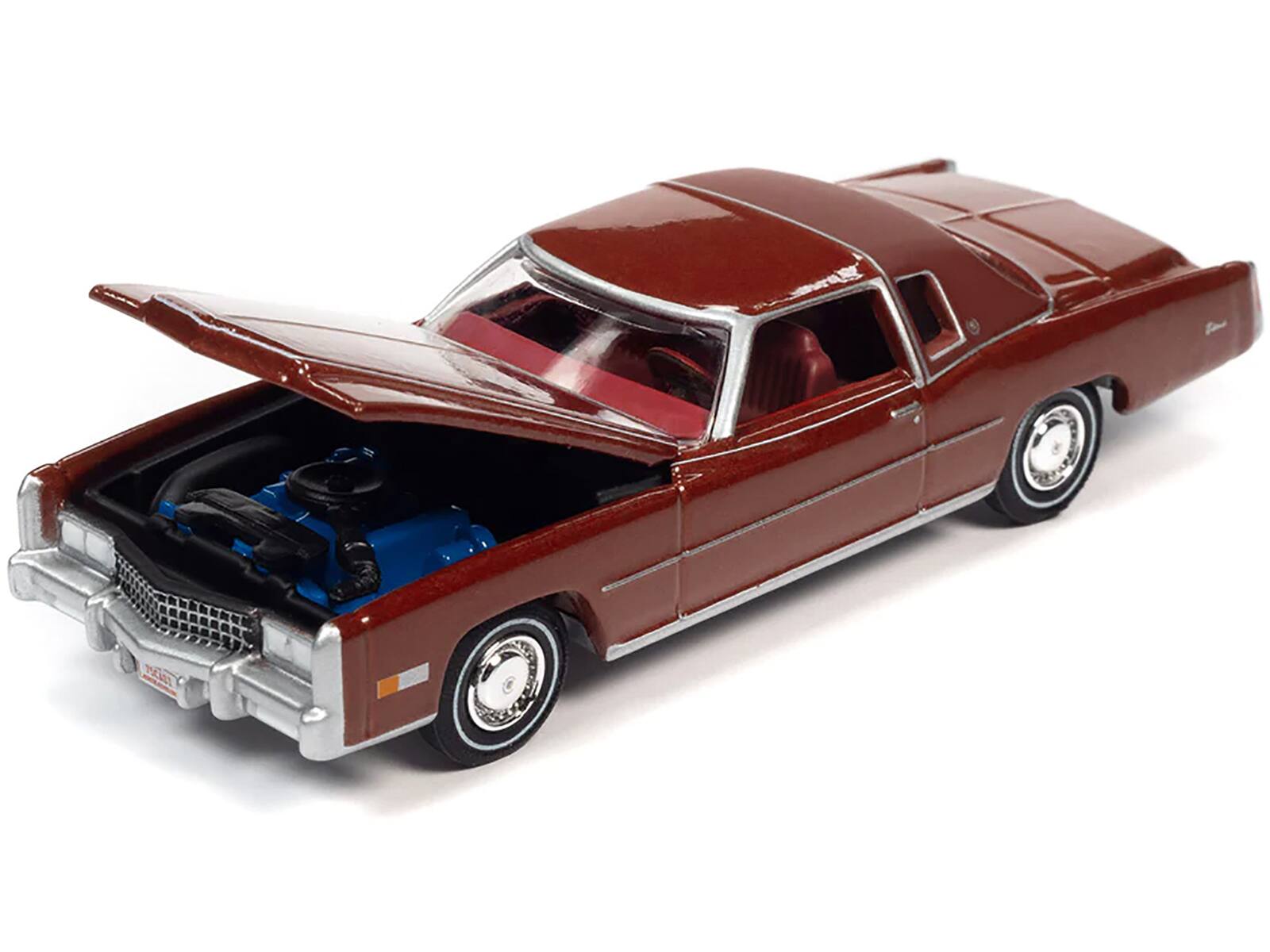Angle. Autoworld - 1975 Cadillac Eldorado Firethorn Red Metallic Dark Red Roof Luxury Cruisers Limited 14910 1/64 Diecast Auto World - Red Metallic.