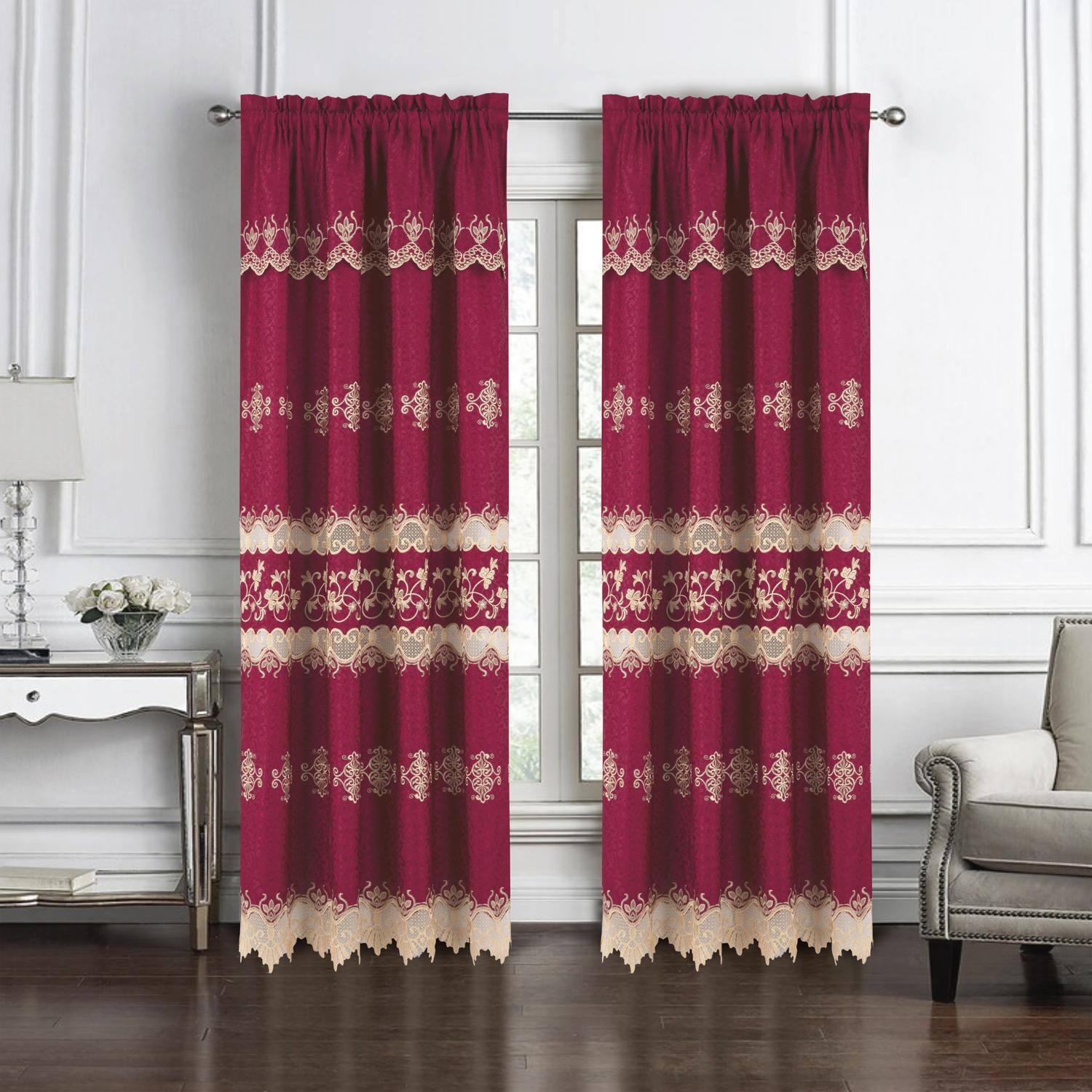 Angle. RT Designers Collection - RT Designer Collection Alice Macrame Luxurious Decorative Rod Pocket Curtain Panel 54" x 84" Burg - Burgundy.
