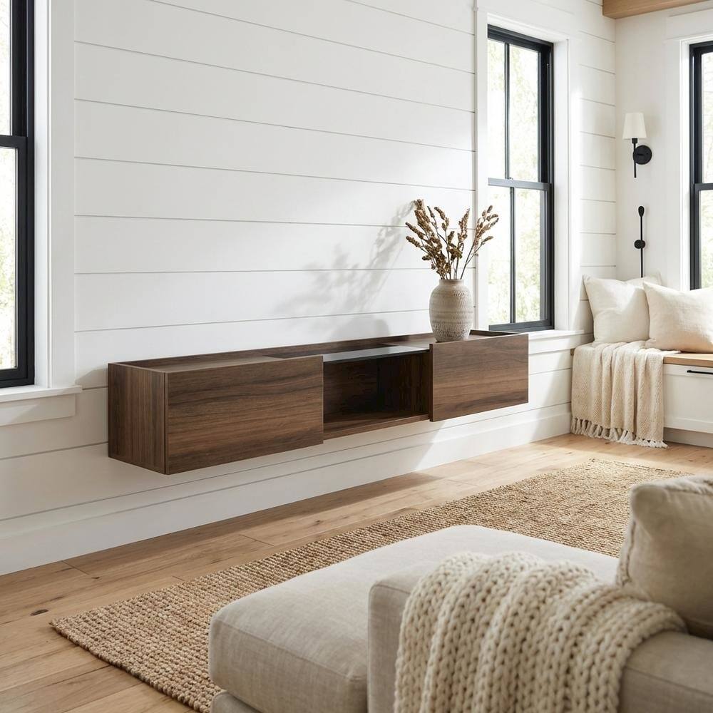 Alt View 1. FurniFact - Walnut Wall-Mounted TV Stand for 65-Inch Screens with Engineered Wood Finish - Brown.