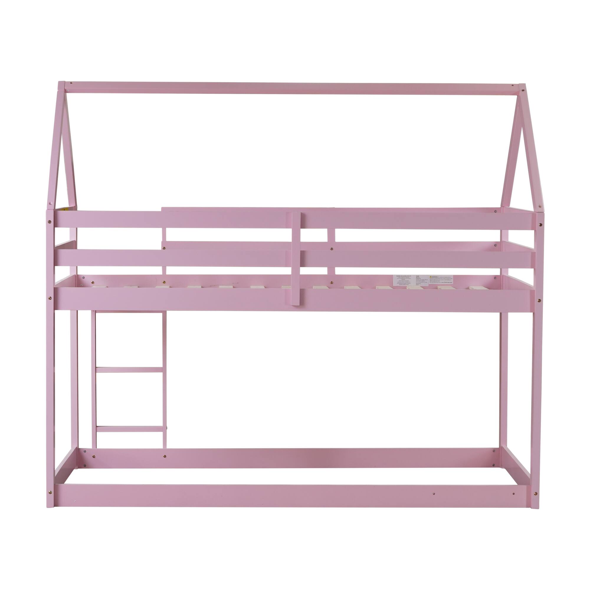 Left. GOODSILO - House-Shaped Twin Over Twin Rubber Wood Bunk Bed with Ladder and Guardrails for Kids - Pink.
