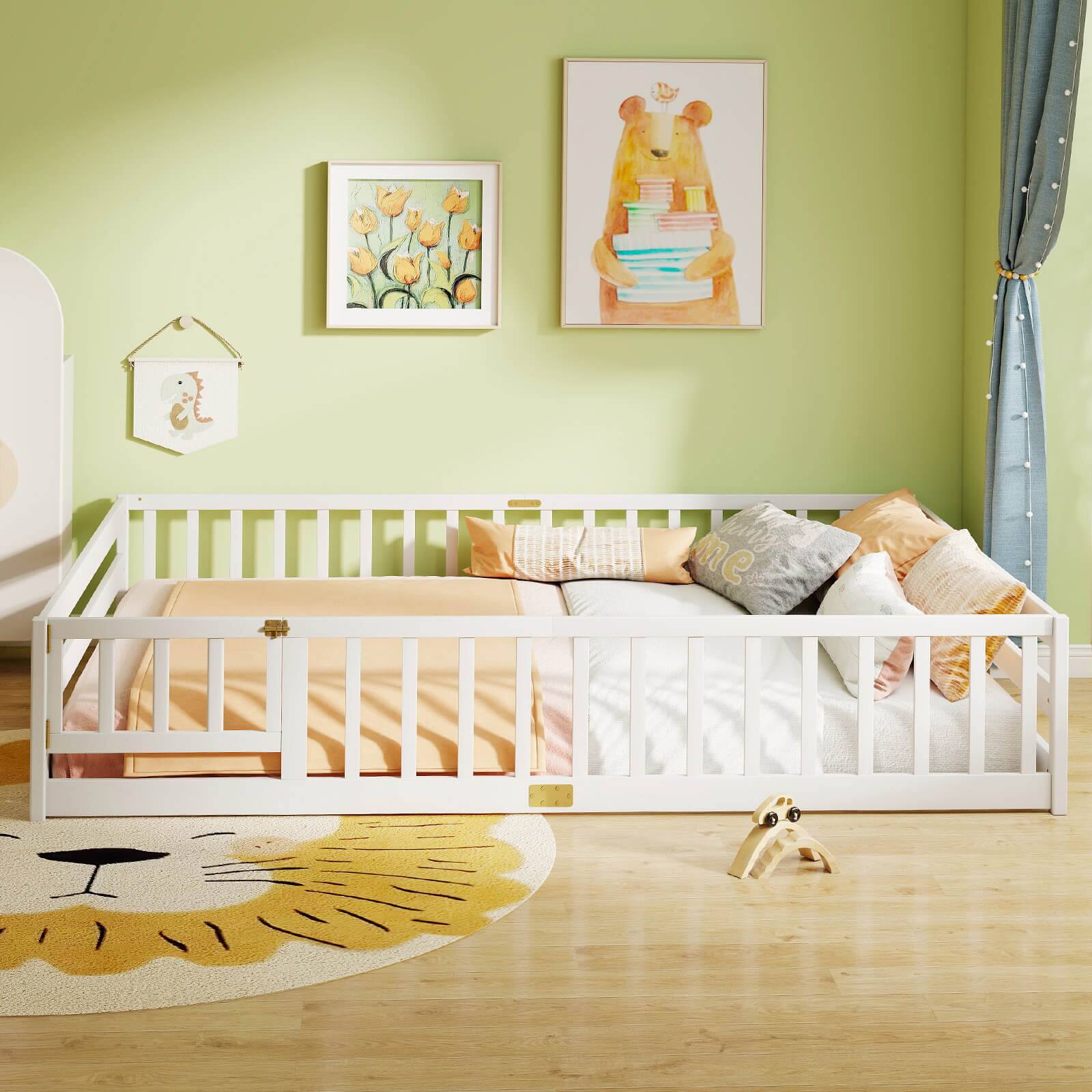 Alt View 4. Costway - Costway Queen Size Floor Bed with Full Length Safety Guardrails & Door for Boys, Girls - White.