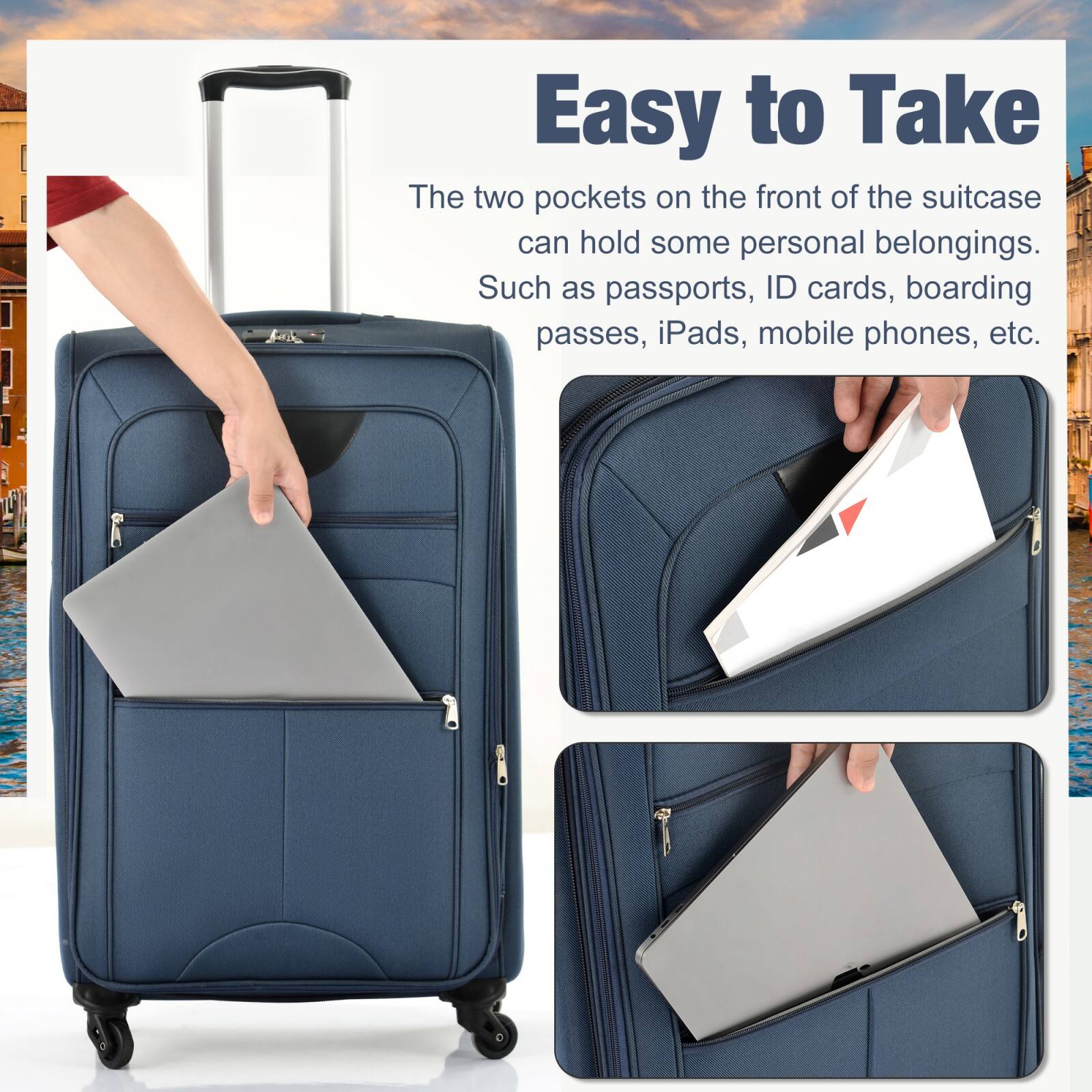 Easy to Take

The two pockets on the front of the suitcase can hold some personal belongings. Such as passports, ID cards, boarding passes, iPads, mobile phones, etc.