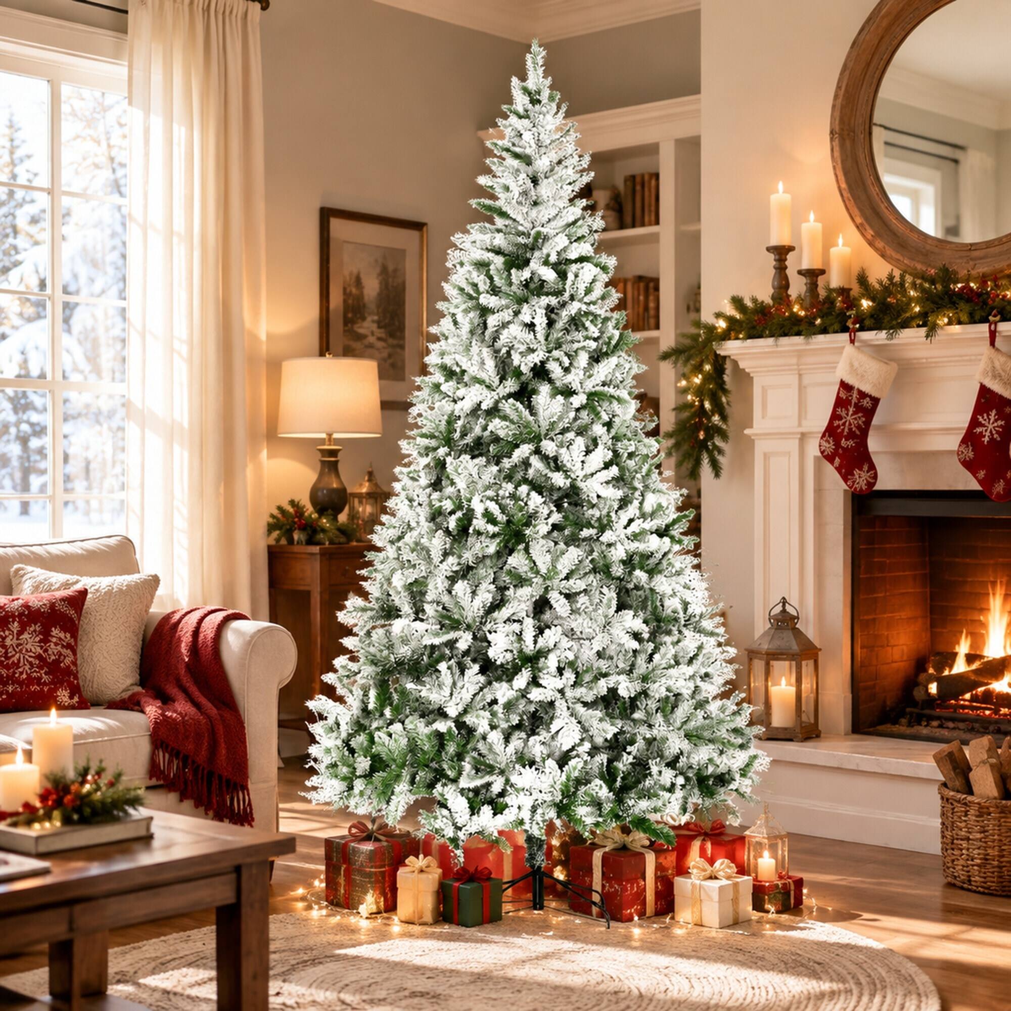 Angle. RYHNUYNE - 9 Ft Unlit Snow Flocked Pine Green Christmas Tree With Realistic Branches,Hinged Design Metal Stand Easy Assembly - Green.