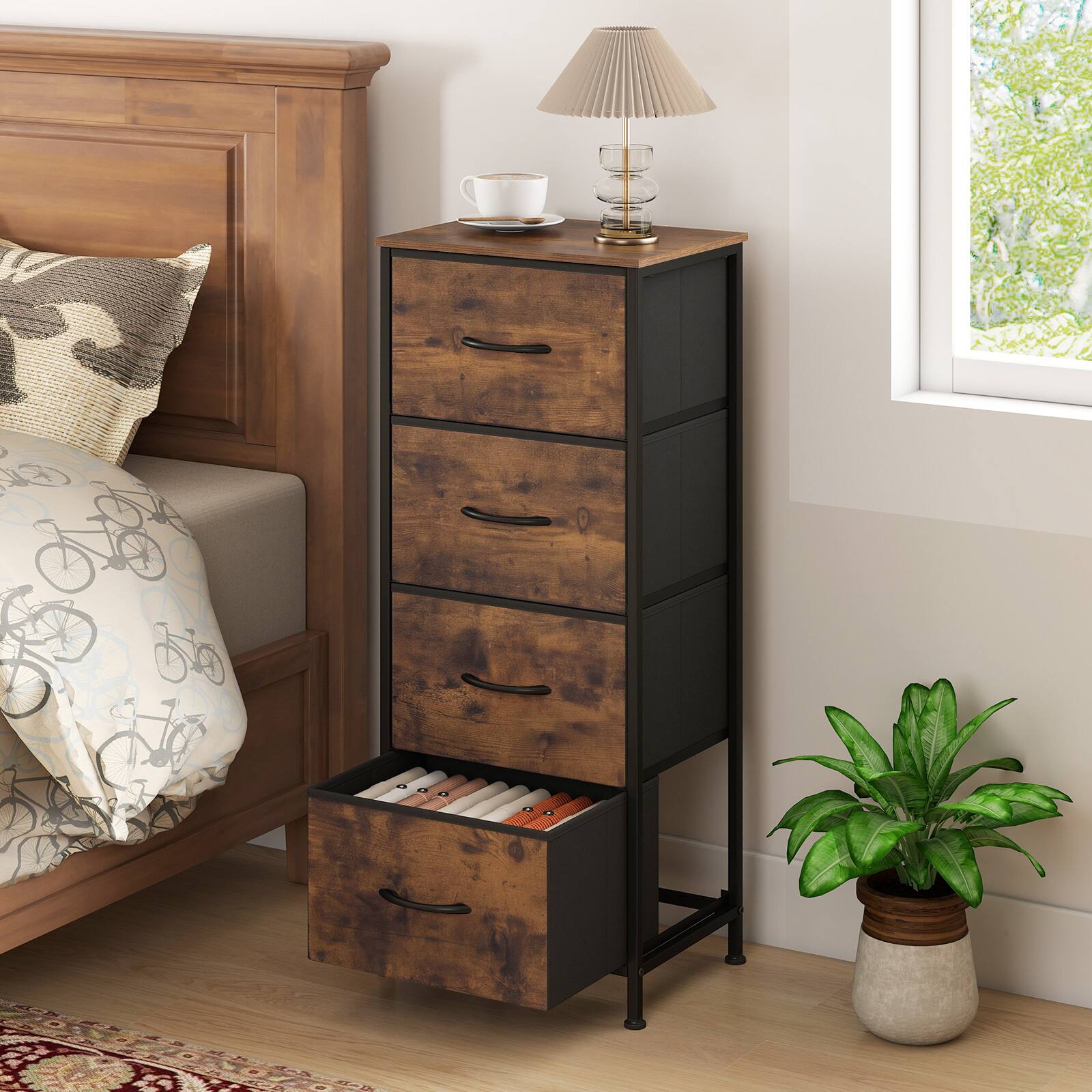 Alt View 1. Costway - Costway Dresser Nightstand with 4 Roomy Fabric Drawers Heavy-Duty Metal Frame for Dorm - Rustic Brown.