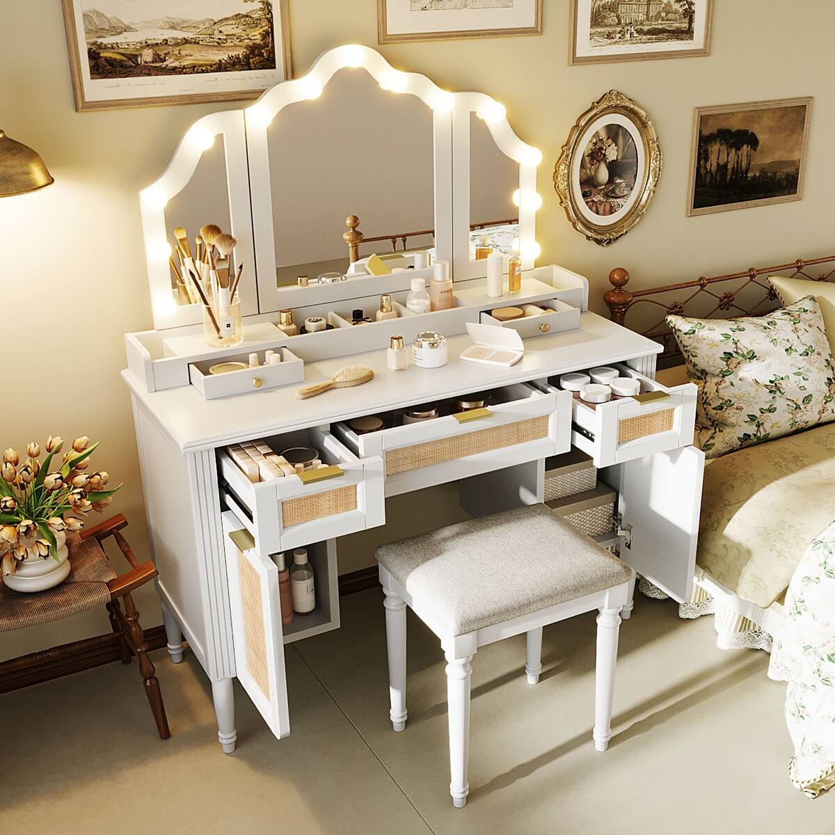 Left. Loheer - Loheer White Makeup Vanity with Tri Fold Mirror and Matching Stool - White.