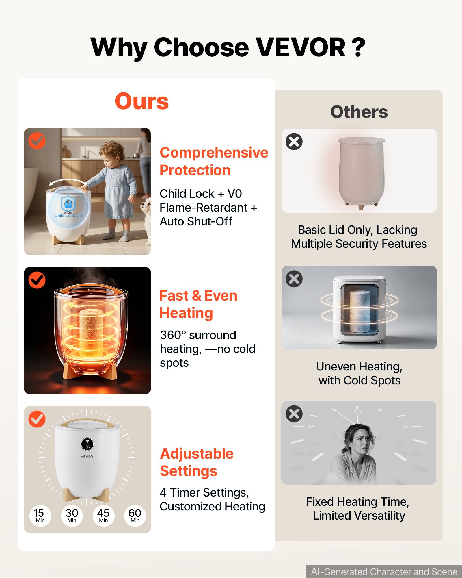 Why Choose VEVOR?

Ours
- Comprehensive Protection
  - Child Lock + VO Flame-Retardant + Auto Shut-Off
- Fast & Even Heating
  - 360° surround heating, —no cold spots
- Adjustable Settings
  - 4 Timer Settings, Customized Heating

Others
- Basic Lid Only, Lacking Multiple Security Features
- Uneven Heating, with Cold Spots
- Fixed Heating Time, Limited Versatility