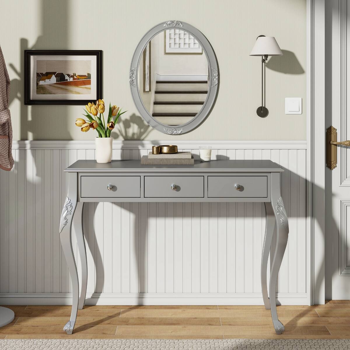 Angle. Loheer - Loheer Silver Makeup Vanity Table with Large Oval Mirror and Three Drawers - Silver.