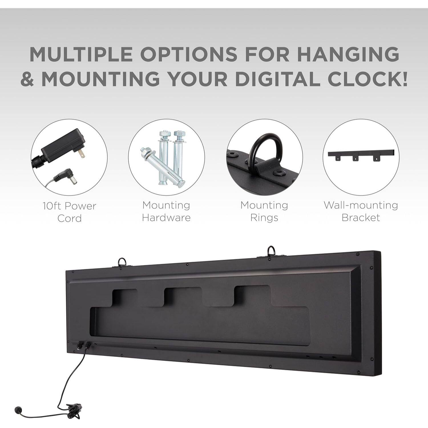 MULTIPLE OPTIONS FOR HANGING & MOUNTING YOUR DIGITAL CLOCK! 10ft Power Cord Mounting Hardware Mounting Rings Wall-mounting Bracket